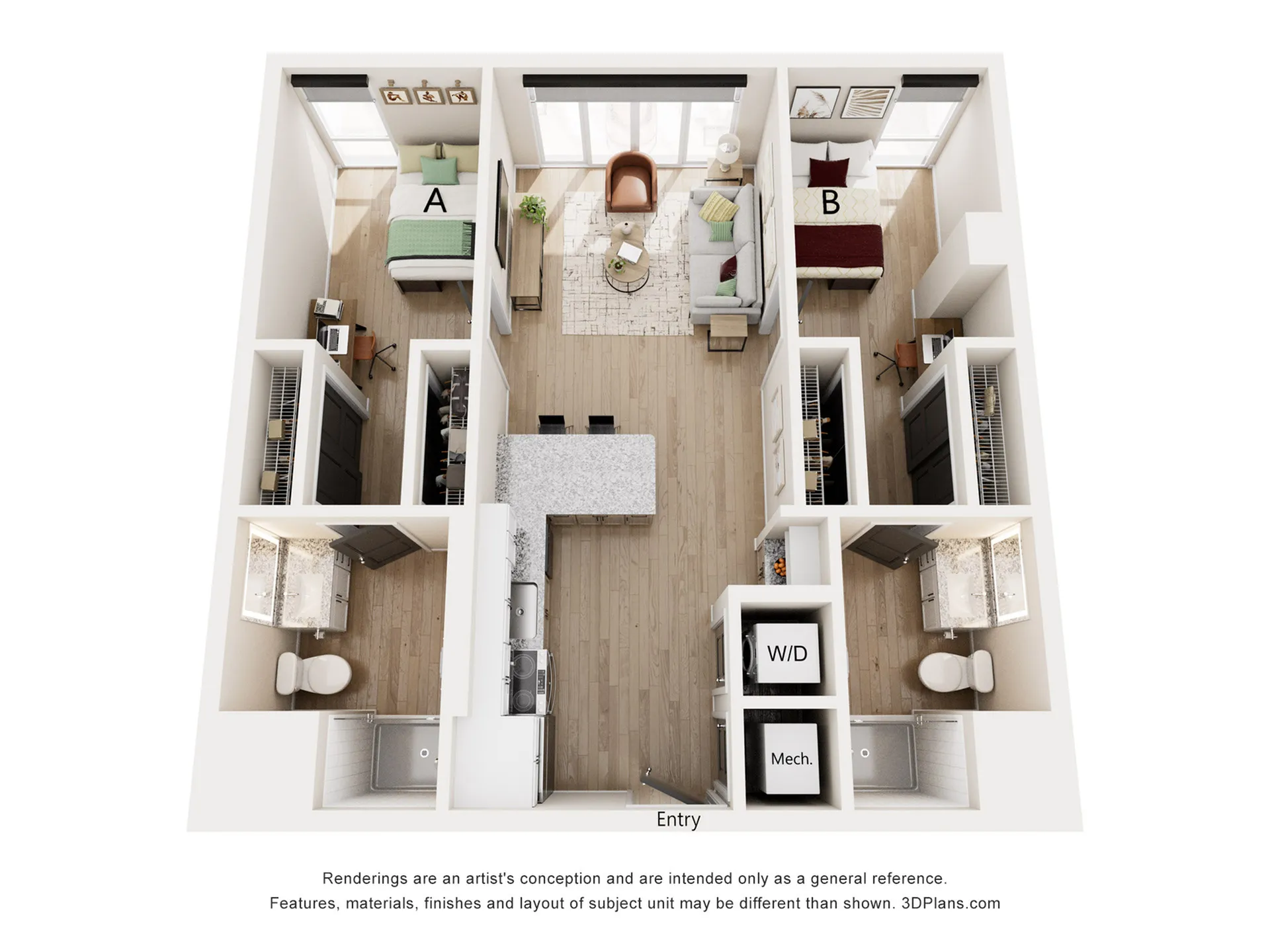 Modern apartment floor plan featuring 2 cozy bedrooms, open living area with natural light, sleek kitchen with island, and two elegant bathrooms.