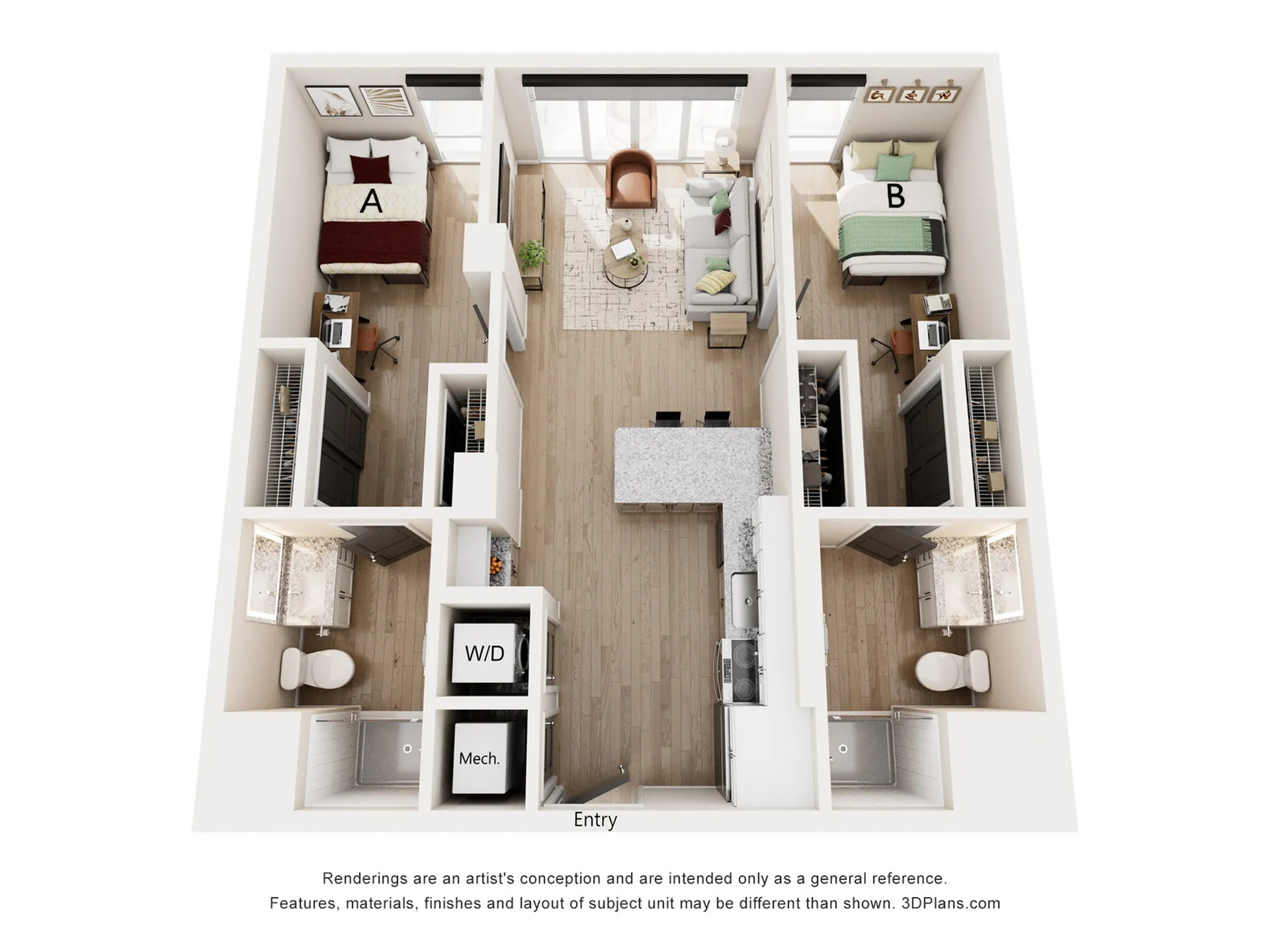 Chic 3D floor plan of a modern apartment with 2 bedrooms labeled A and B, stylish open-concept living area, sleek kitchen, and dual bathrooms. Perfect for city dwelling.