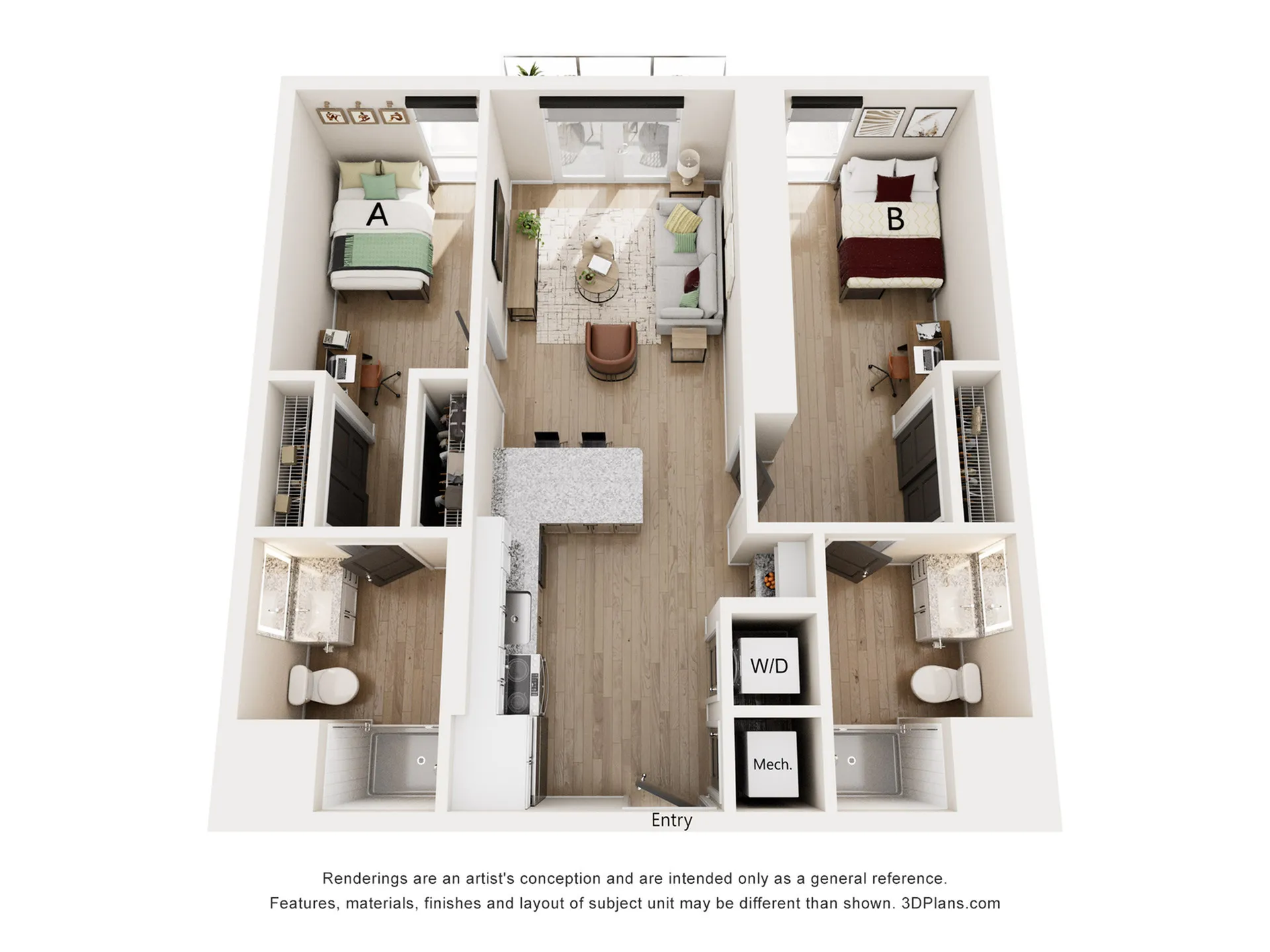 Modern 3D floor plan featuring 2 bedrooms, a cozy living area, and a sleek kitchen. Includes stylish bathrooms, a convenient W/D closet, and a welcoming entryway.