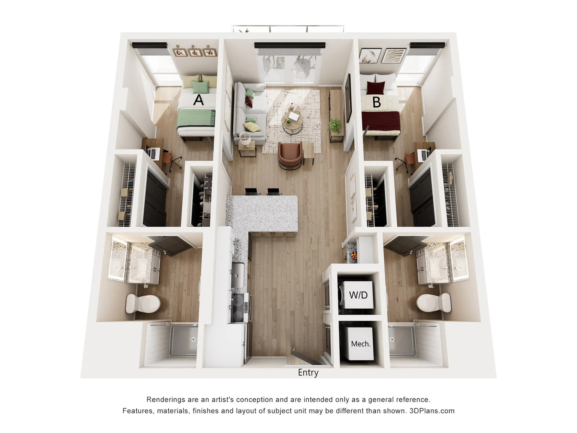 Modern 3D floor plan showcasing 2 bedrooms, 2 bathrooms, a sleek kitchen, and an inviting open-concept living area with balcony access. Includes in-unit washer/dryer and ample storage space.
