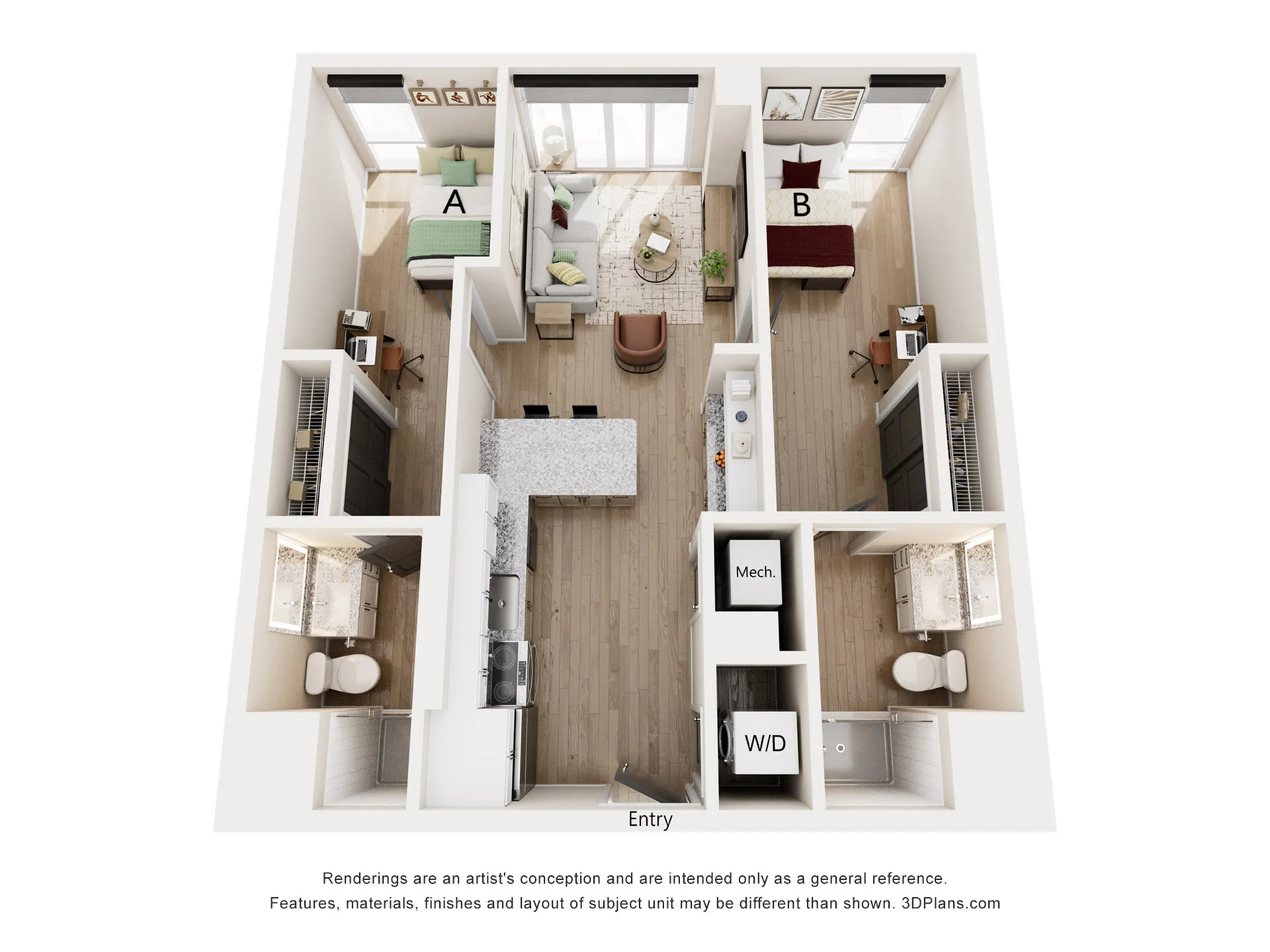 Modern 3D apartment floor plan showcasing 2 bedrooms with desks, an open living room, and stylish kitchen, featuring elegant wood flooring and abundant natural light.