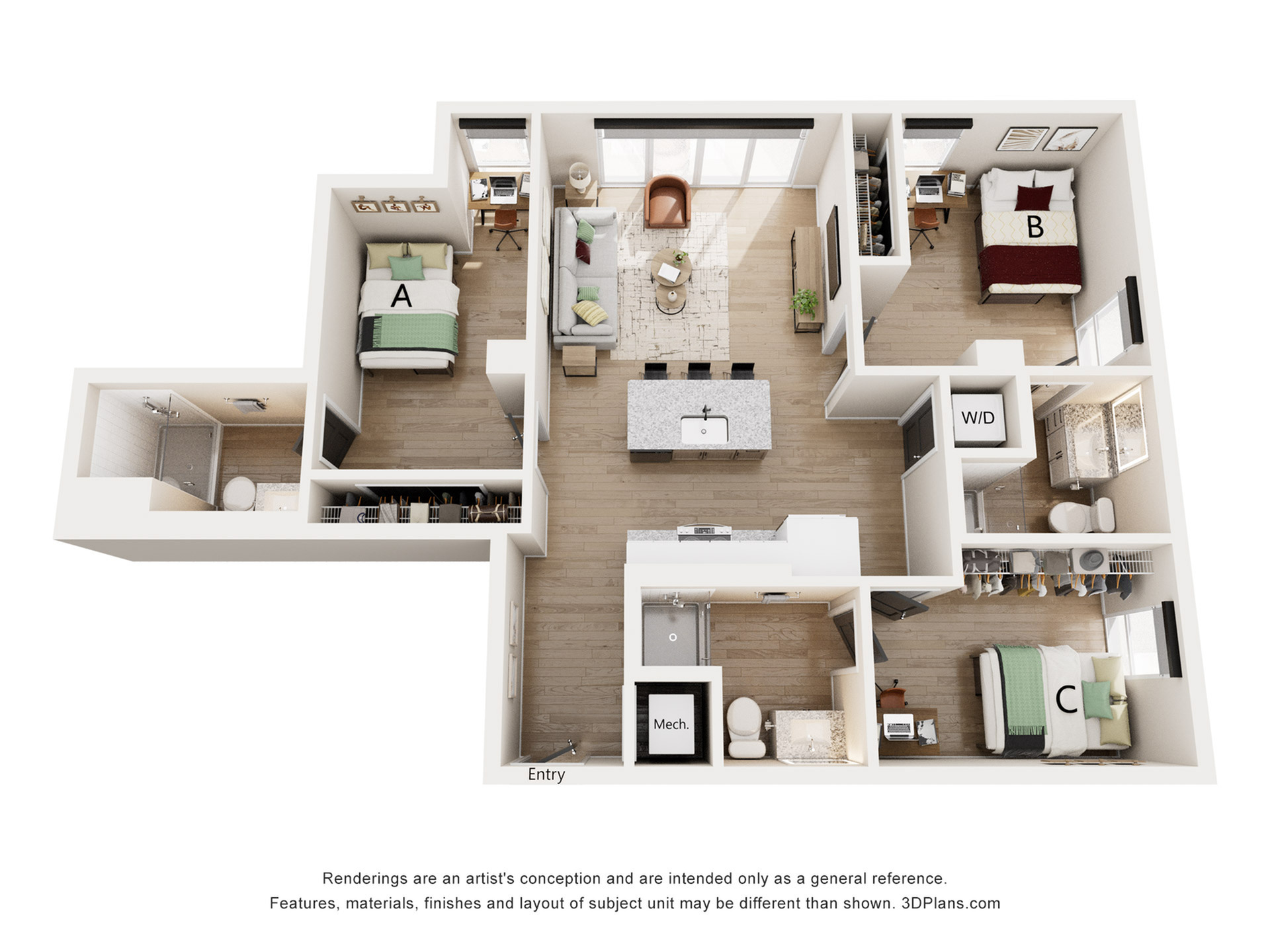 Modern 3D floor plan showcasing a bright, open-concept layout with 3 bedrooms, stylish kitchen island, and cozy living area.