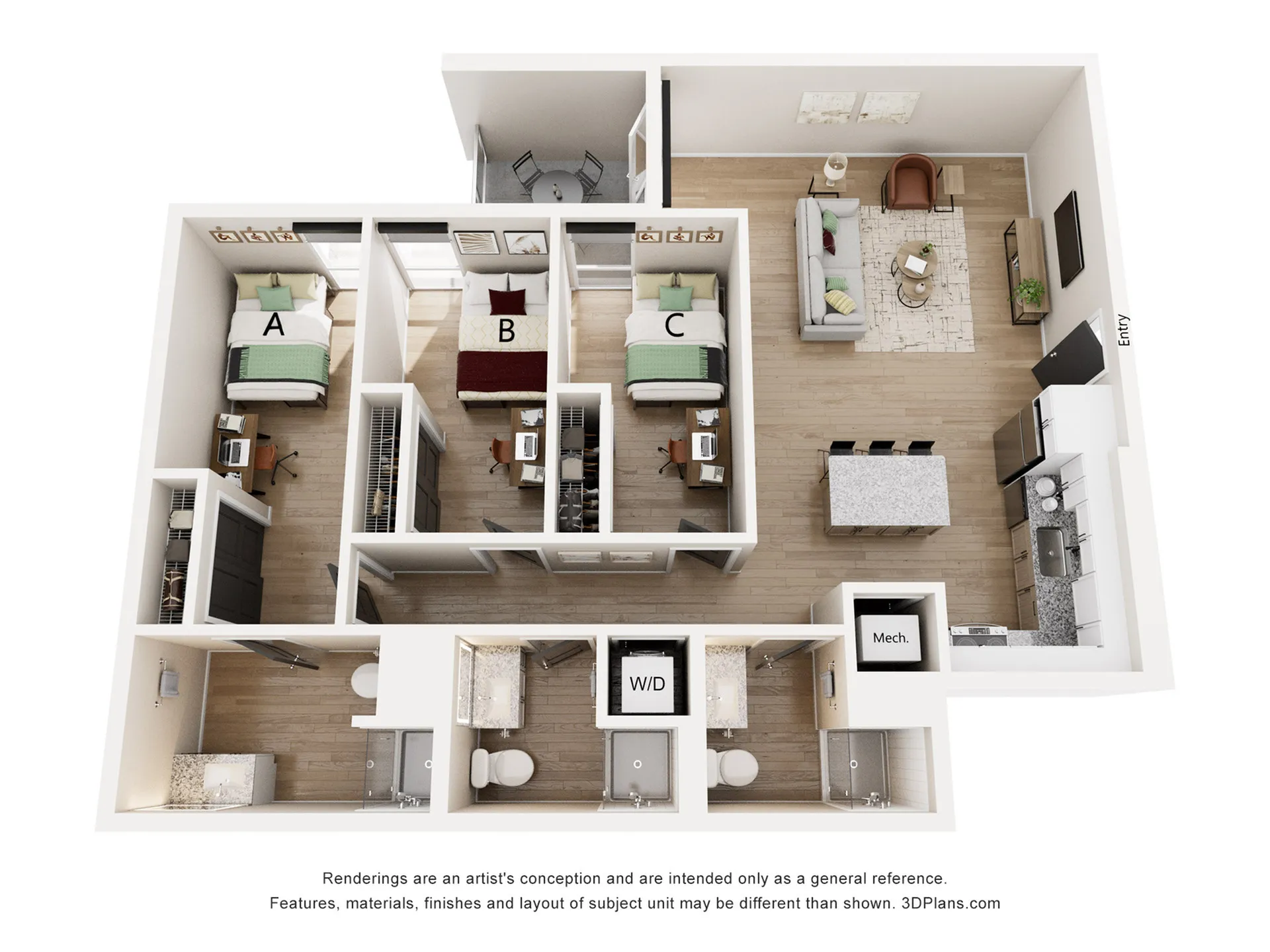 Modern 3D floor plan showcasing 3 bedrooms, a sleek kitchen with an island, and an inviting living area with balcony access.