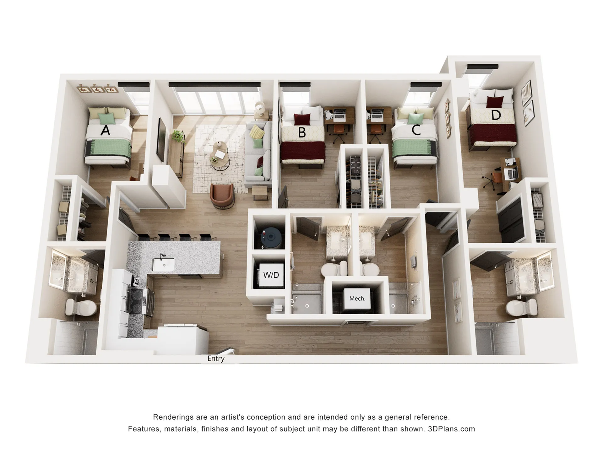 Modern 3D floor plan showcasing 4 bedrooms, stylish open living area, gourmet kitchen with island, and convenient laundry facilities.