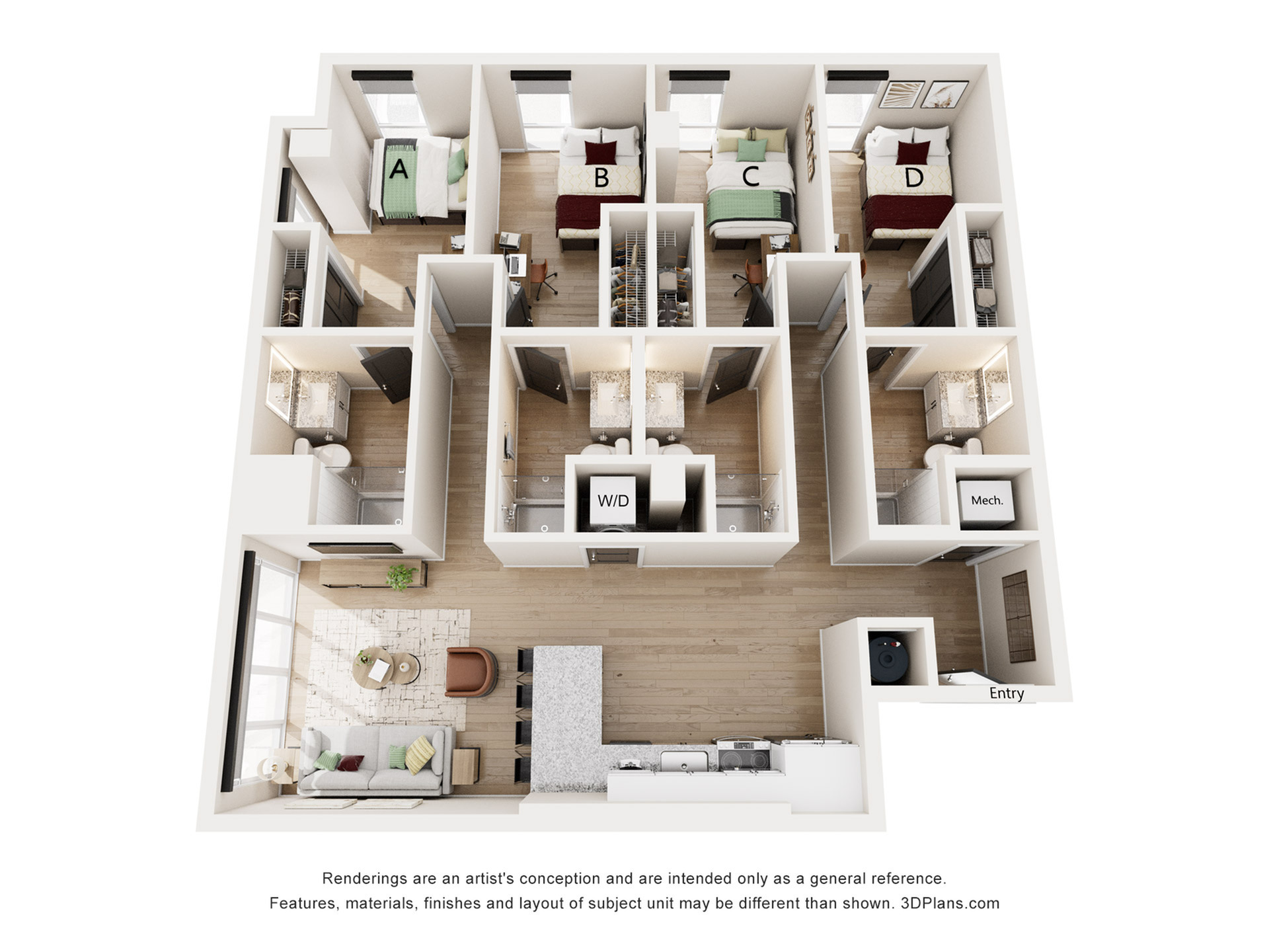 Modern 3D floor plan showcasing four bedrooms, open living space, elegant kitchen, and two sleek bathrooms.