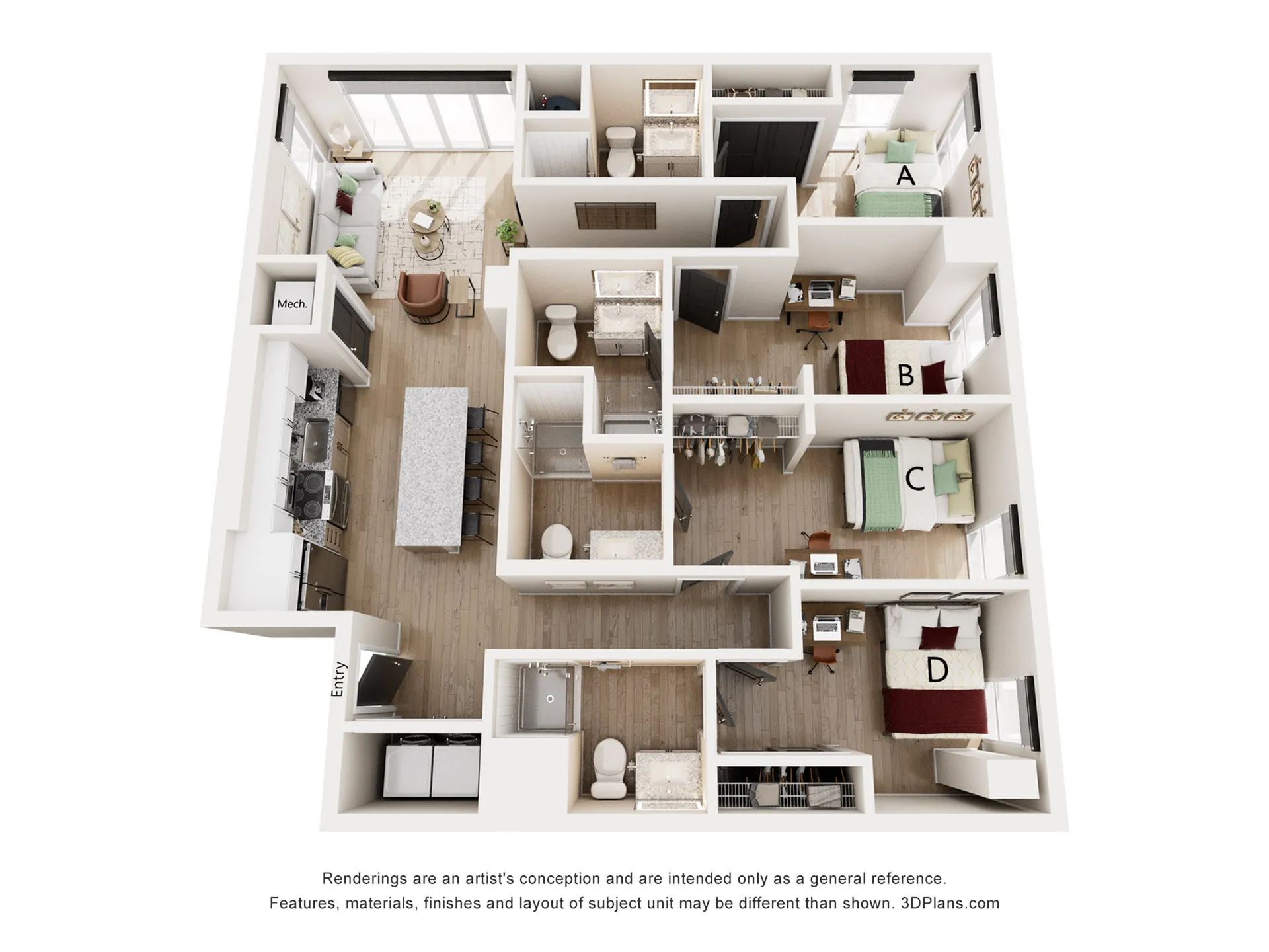 Elegant 3D floor plan showcasing four spacious bedrooms, a modern kitchen with an island, and a stylish open-concept living area.