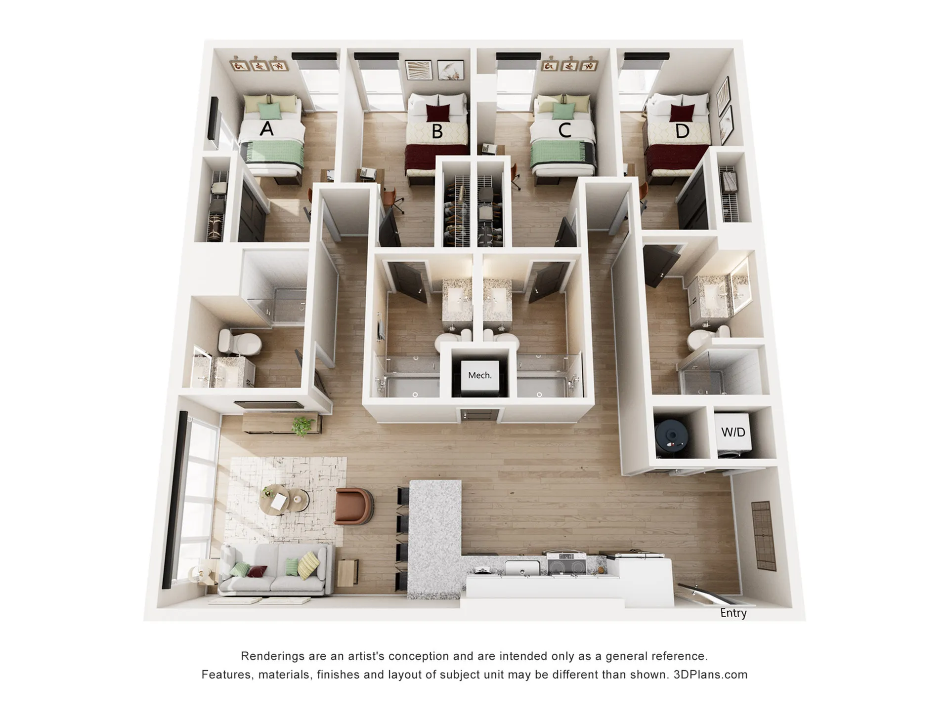 Modern 3D apartment floor plan showcasing four bedrooms, open living area with stylish furnishings, spacious kitchen, and well-appointed bathrooms.