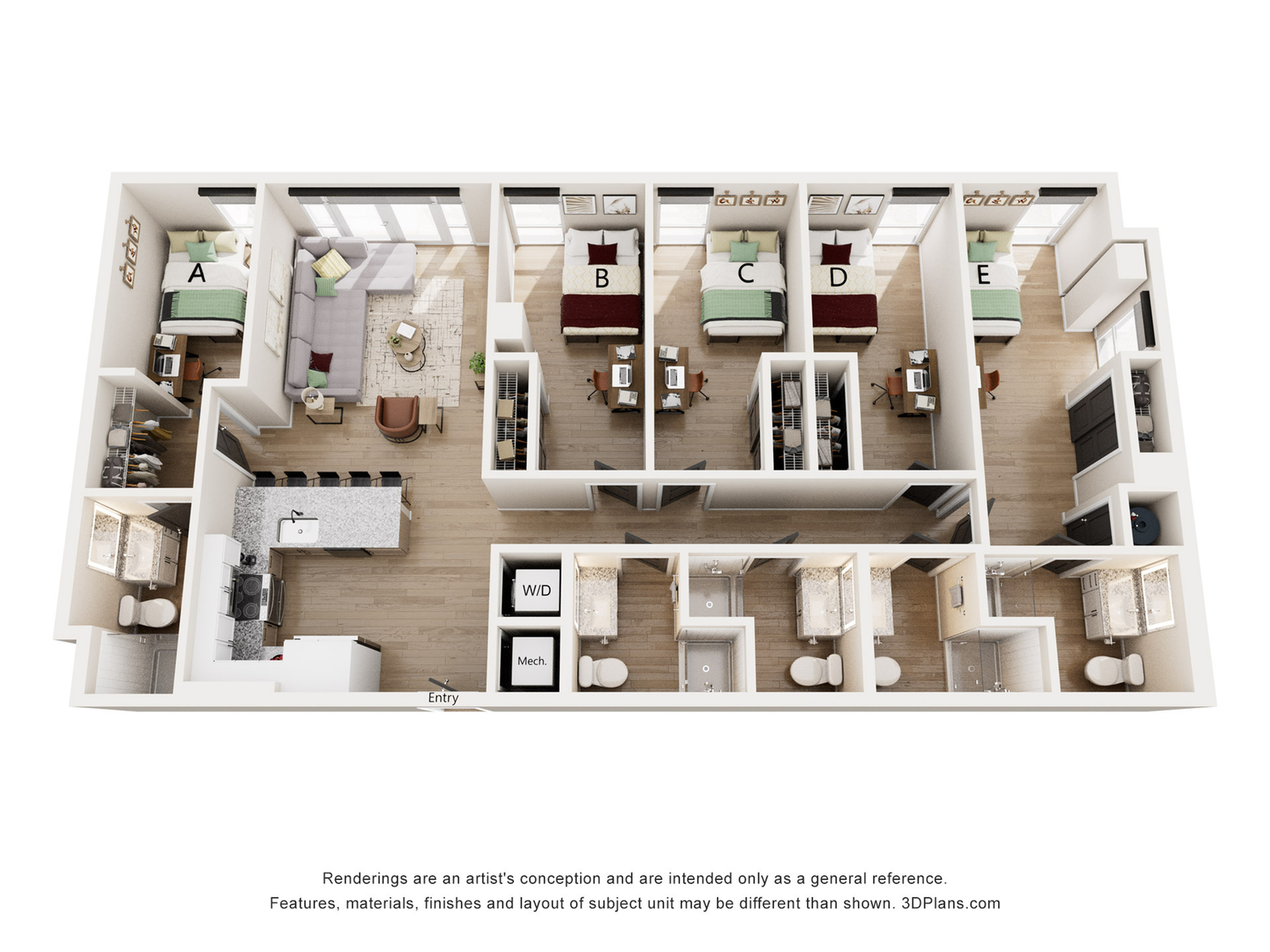 Spacious 3D floor plan showcasing 5 bedrooms, open living area, modern kitchen, and convenient washer/dryer.