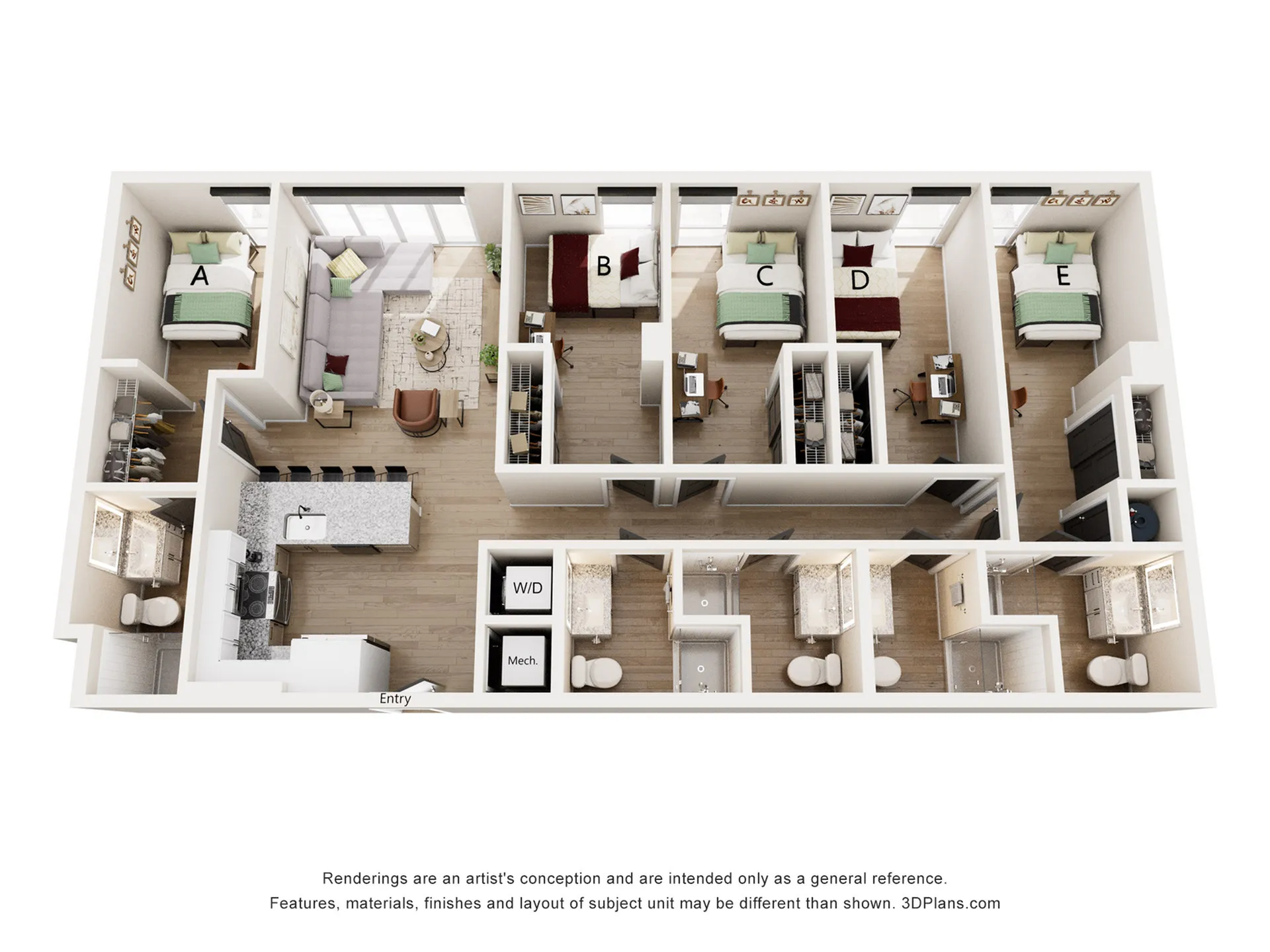 Modern 3D floor plan showcasing five bedrooms, a spacious open-concept kitchen with island seating, elegant living area, and multiple bathrooms, perfect for a vibrant family life.