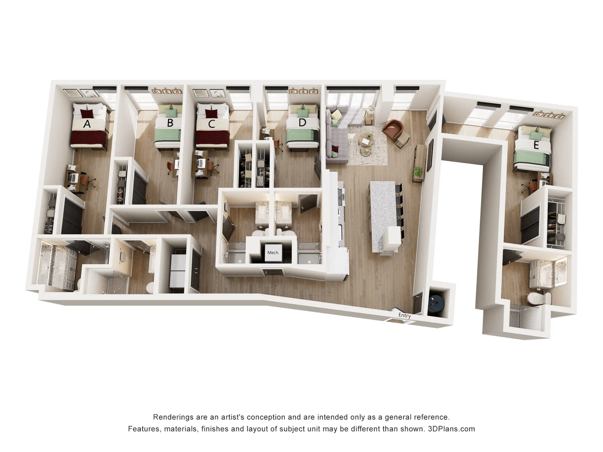 Luxurious 3D floor plan with five bedrooms, expansive living area, and sleek modern kitchen.