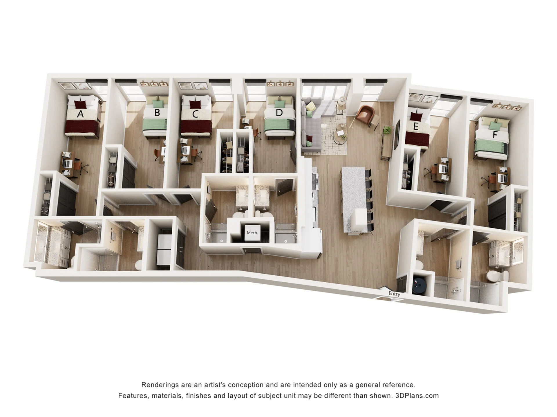 Spacious 3D floor plan featuring six bedrooms, stylish open kitchen, and modern shared living areas.