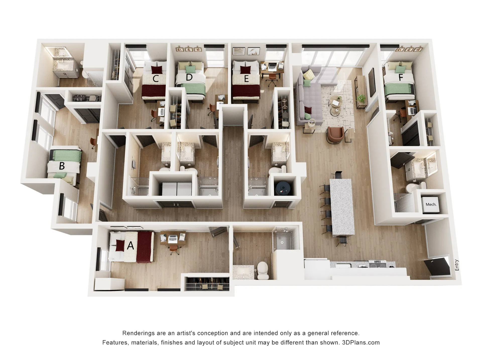 Modern 3D floor plan showcasing six bedrooms, open-concept living and dining area, and spacious kitchen with island.