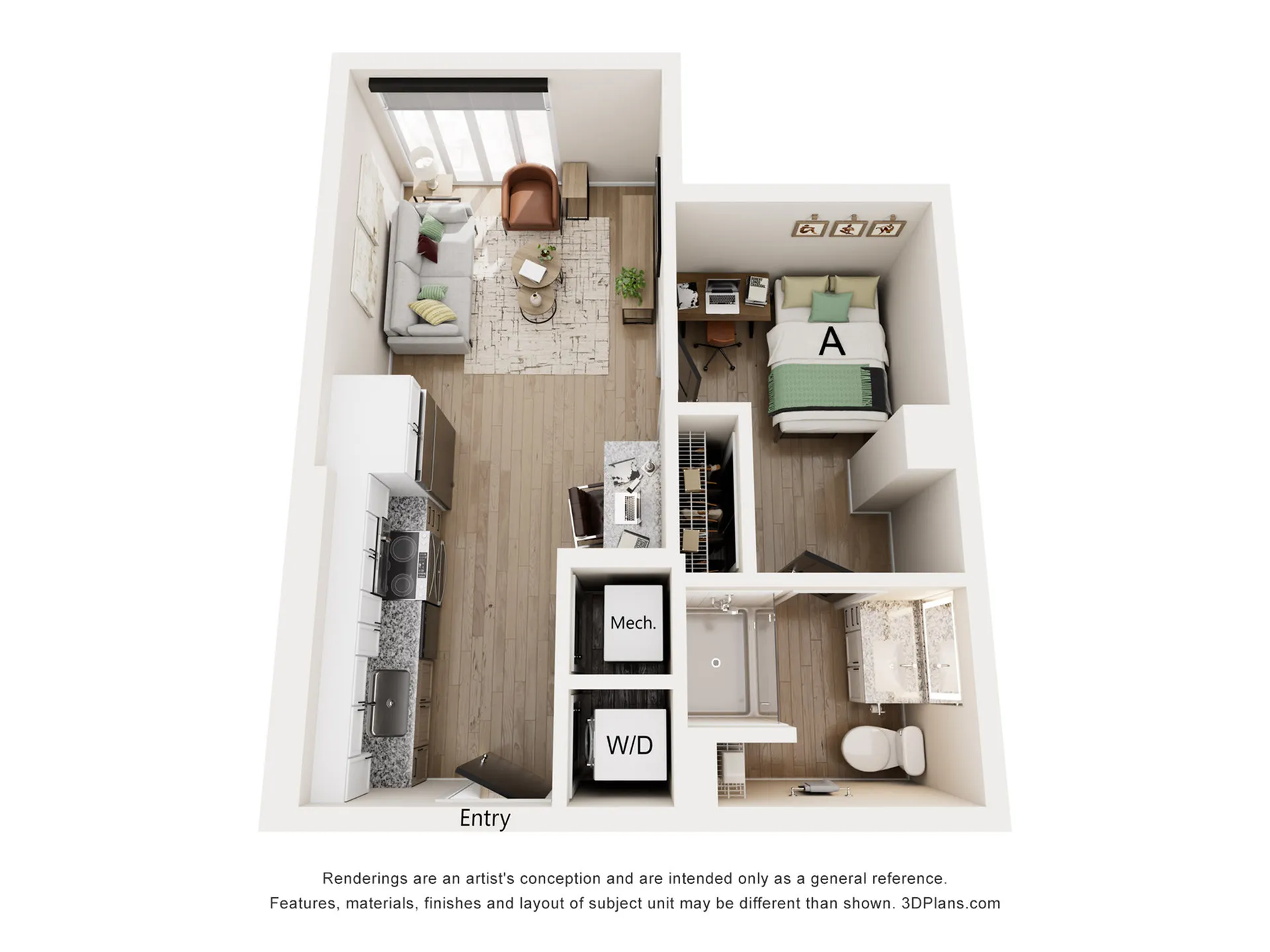 Charming 3D floor plan showcasing a cozy one-bedroom apartment with an open living space, modern kitchen, and a stylish bathroom.