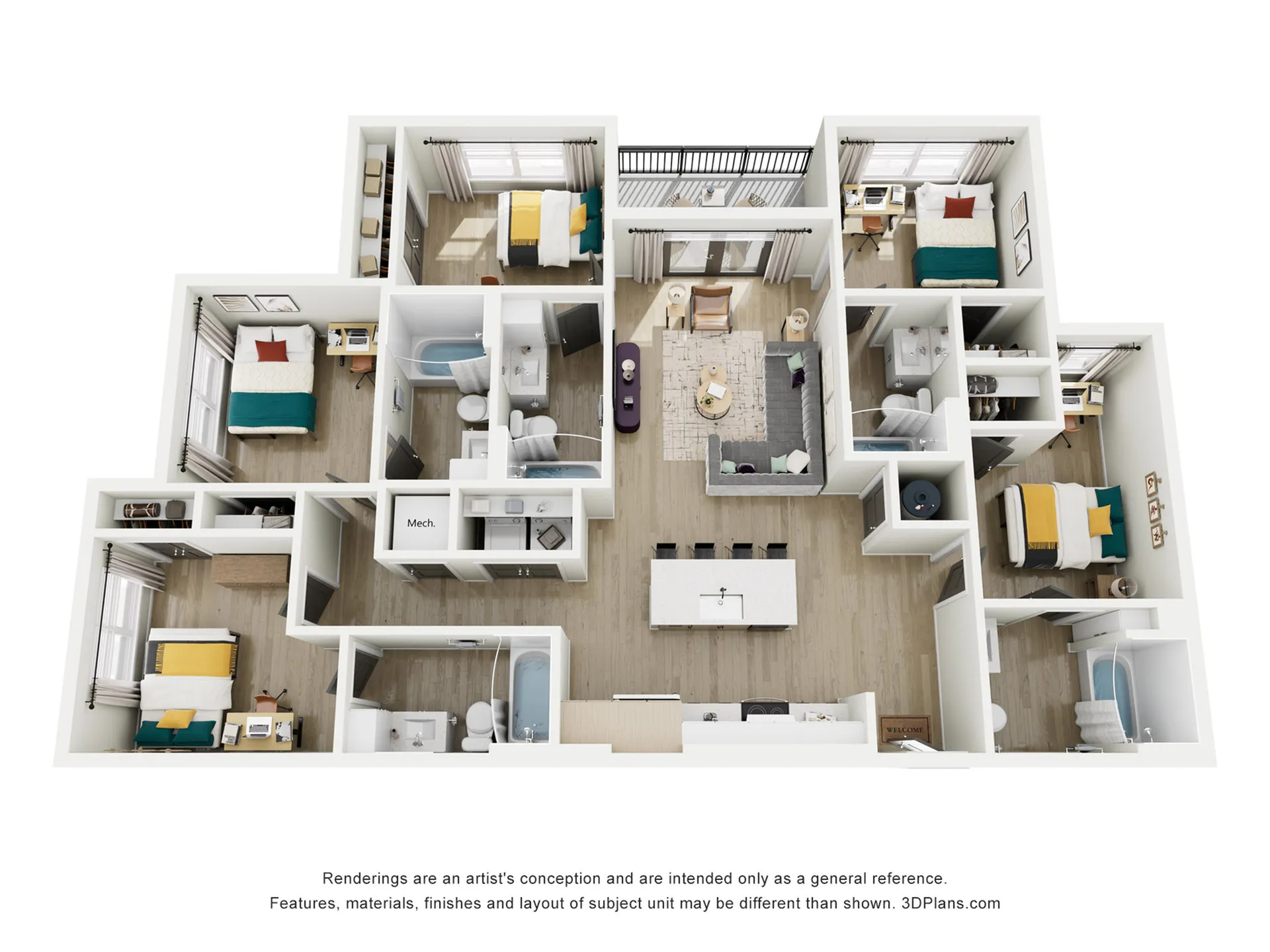 Modern 3D floor plan showcasing a spacious three-bedroom apartment with an open-concept living and dining area, stylish kitchen with an island, and two sleek bathrooms.
