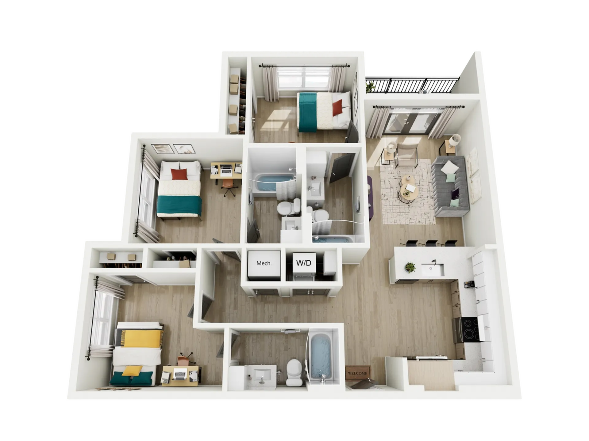 Modern 3D floor plan showcasing 3 bedrooms, a sleek kitchen with island, and an inviting living area with natural light.
