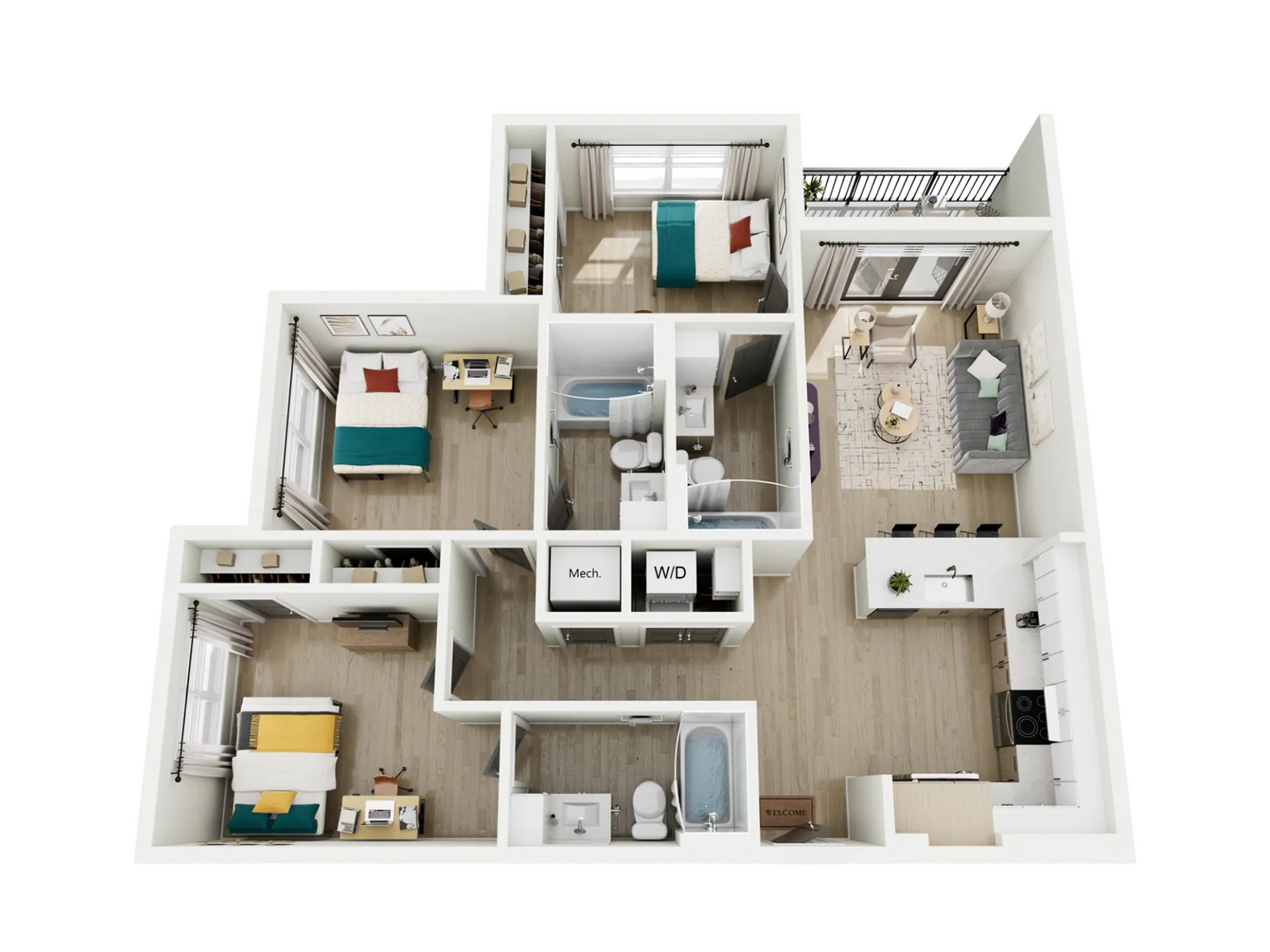 Modern 3D floor plan featuring 3 spacious bedrooms, elegant living room, contemporary kitchen with island, and two luxurious bathrooms.