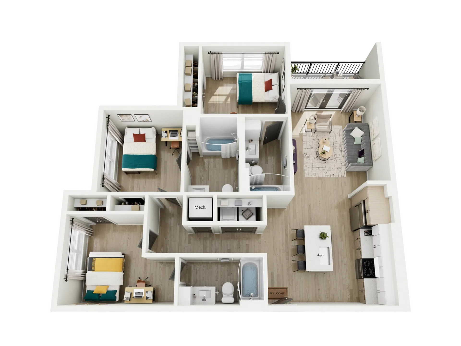 Charming 3D floor plan showcasing a modern apartment with 3 bedrooms, open-plan kitchen, cozy living area, and stylish balcony.