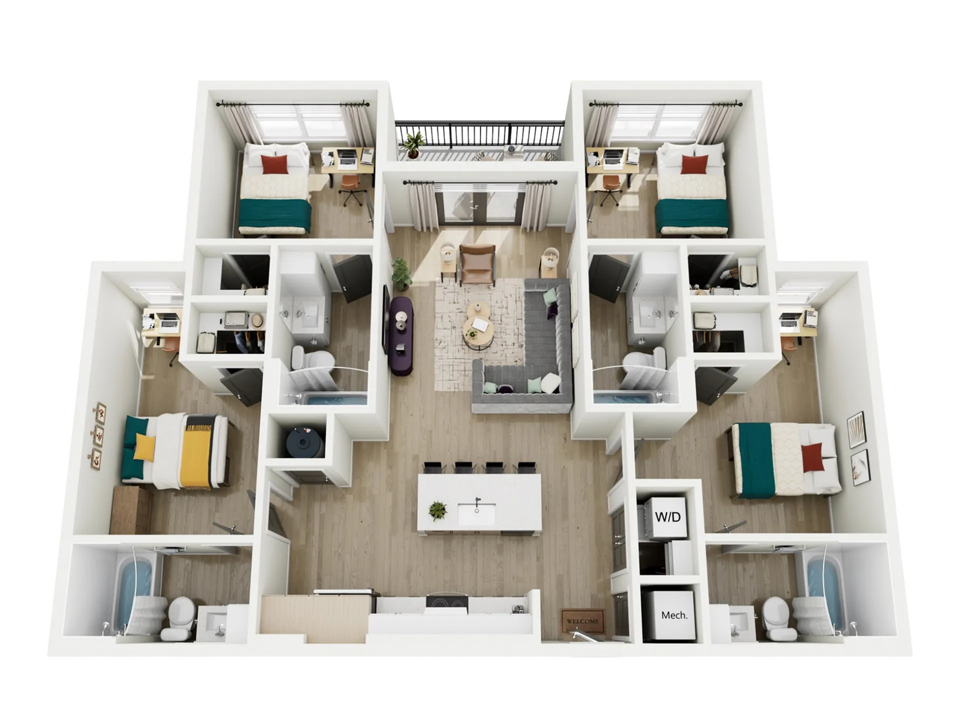 Modern 3D apartment floor plan showcasing 3 bedrooms, open-concept living and kitchen area, and stylish bathrooms.
