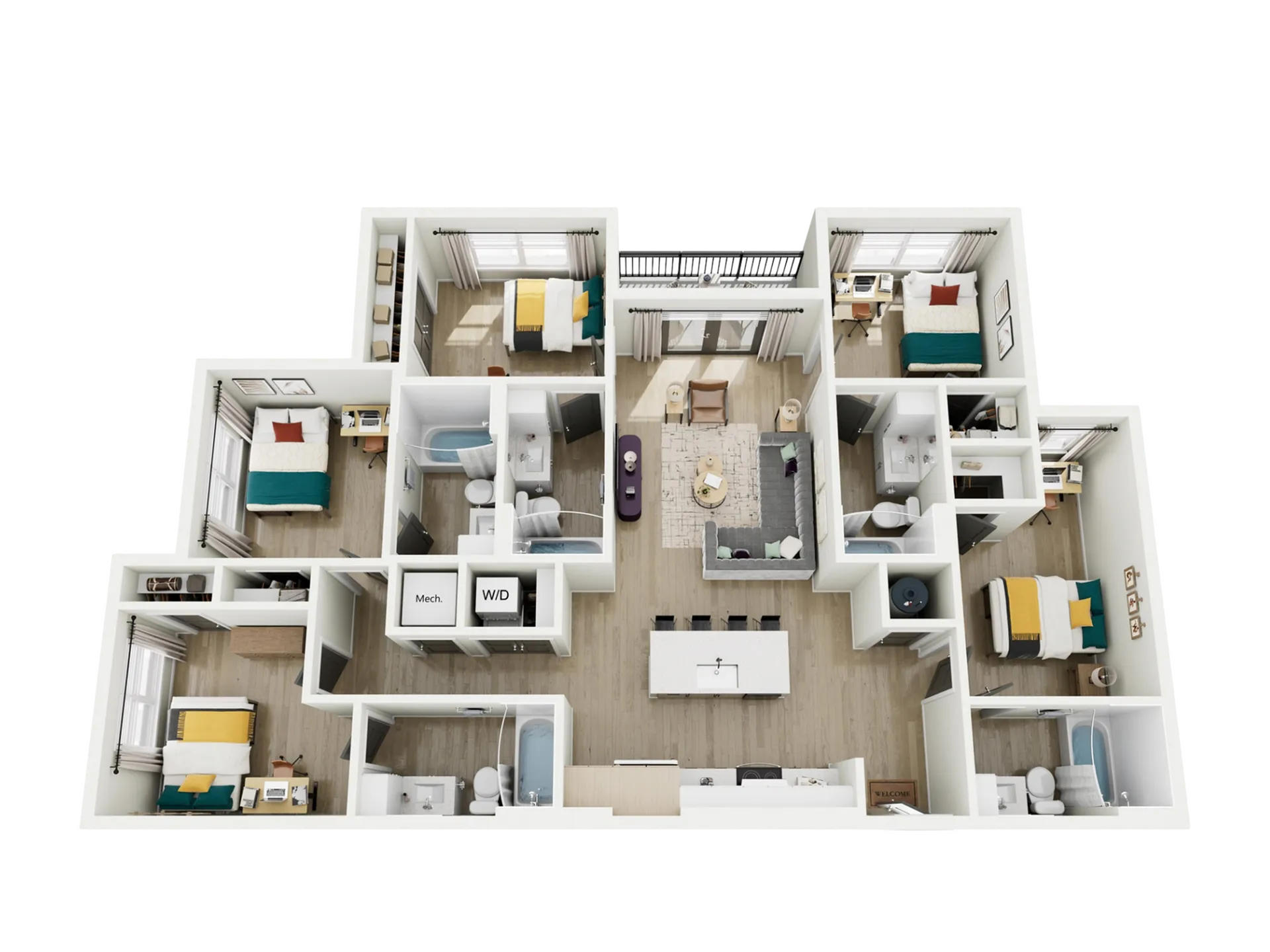 Modern 3-bedroom apartment layout with open living area, sleek kitchen, and cozy bedrooms, designed for contemporary living.