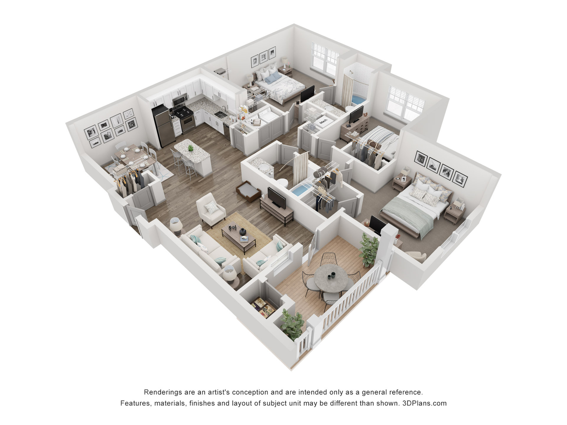Elegant 3D floor plan showcasing a modern apartment with two spacious bedrooms, open-concept kitchen and living area, and a cozy dining space. Ideal for stylish urban living.