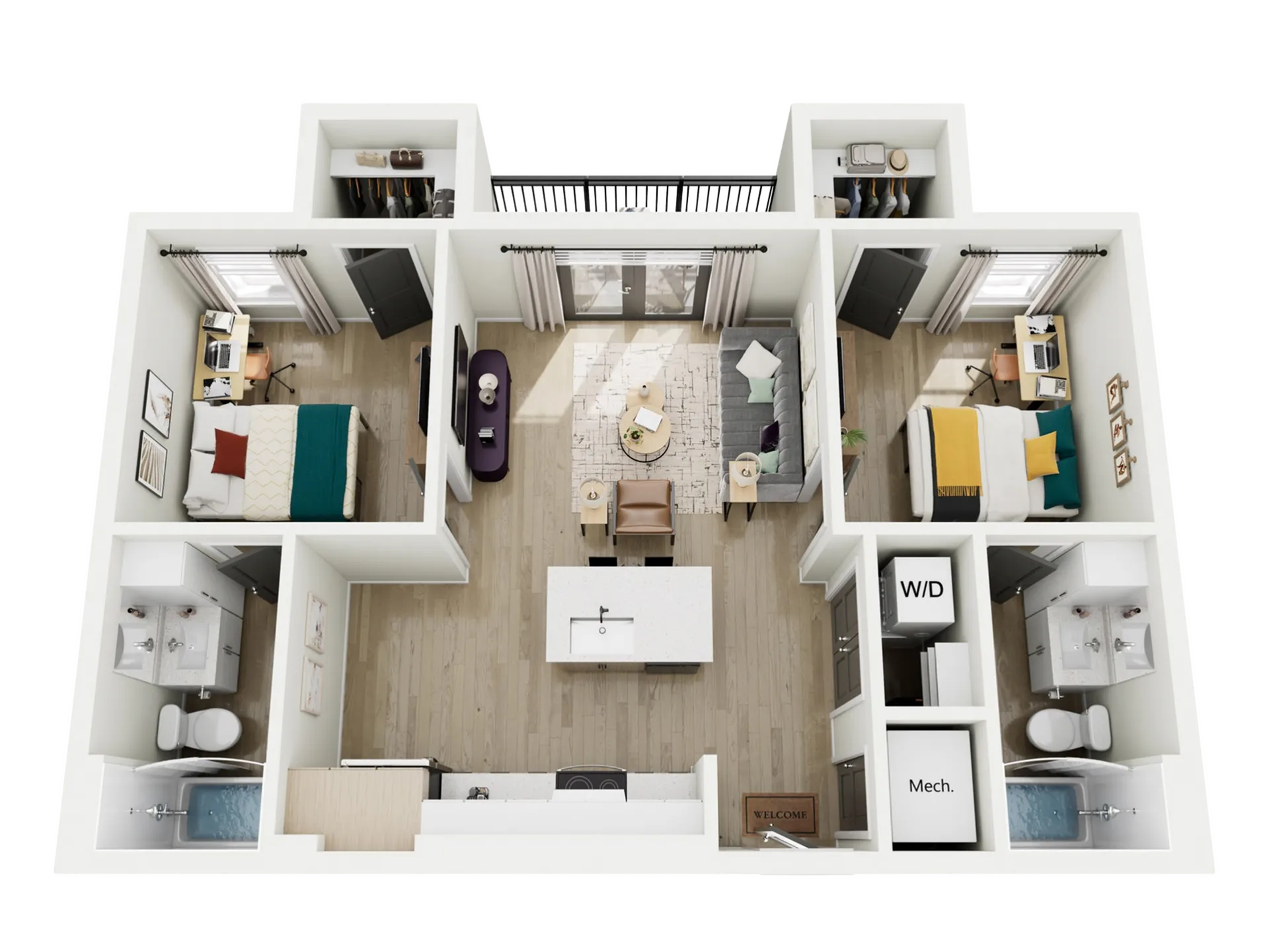 Modern 3D floor plan featuring two spacious bedrooms, a stylish open-concept living area with a cozy sofa, and a sleek kitchen with an island. Includes two contemporary bathrooms, washer/dryer setup, and elegant flooring throughout.