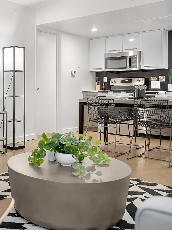 Chic open-concept living room with modern decor, cozy seating, and stylish kitchen island, perfect for entertaining.