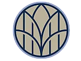 Elegant circular emblem featuring stylish gold and blue lines in a harmonious design.
