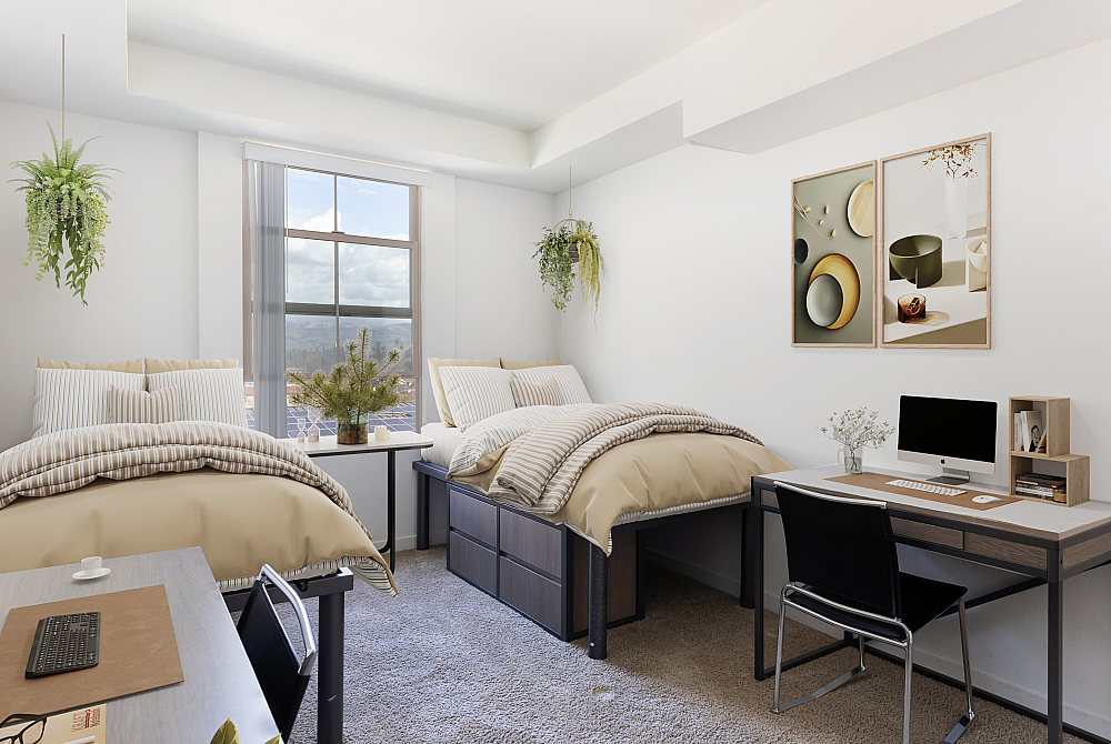 Bright, modern bedroom with two cozy beds, dual desks for study, and lush greenery enhancing the serene ambiance.