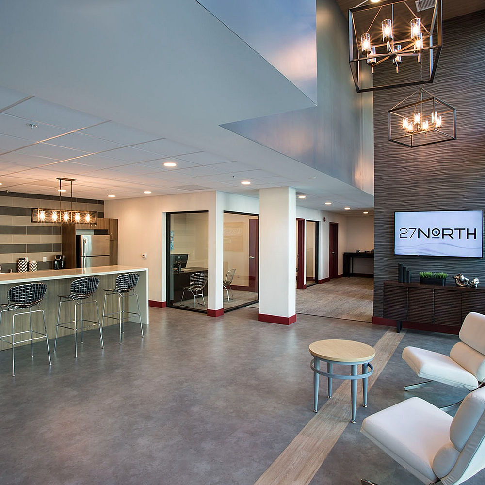 Modern open-concept lounge area with chic seating, stylish kitchen bar, and contemporary lighting fixtures.
