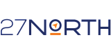 Sleek and modern 27North logo featuring bold navy blue text with an eye-catching orange compass detail.