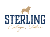 Elegant Sterling College Station logo with a sophisticated dog silhouette, highlighting premium student living.