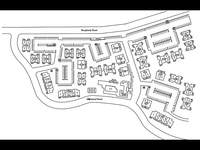 Intricate property map showcasing a modern apartment complex with multiple residential buildings, ample parking, and a central swimming pool, bordered by Dougherty Road and Wildwood Road.