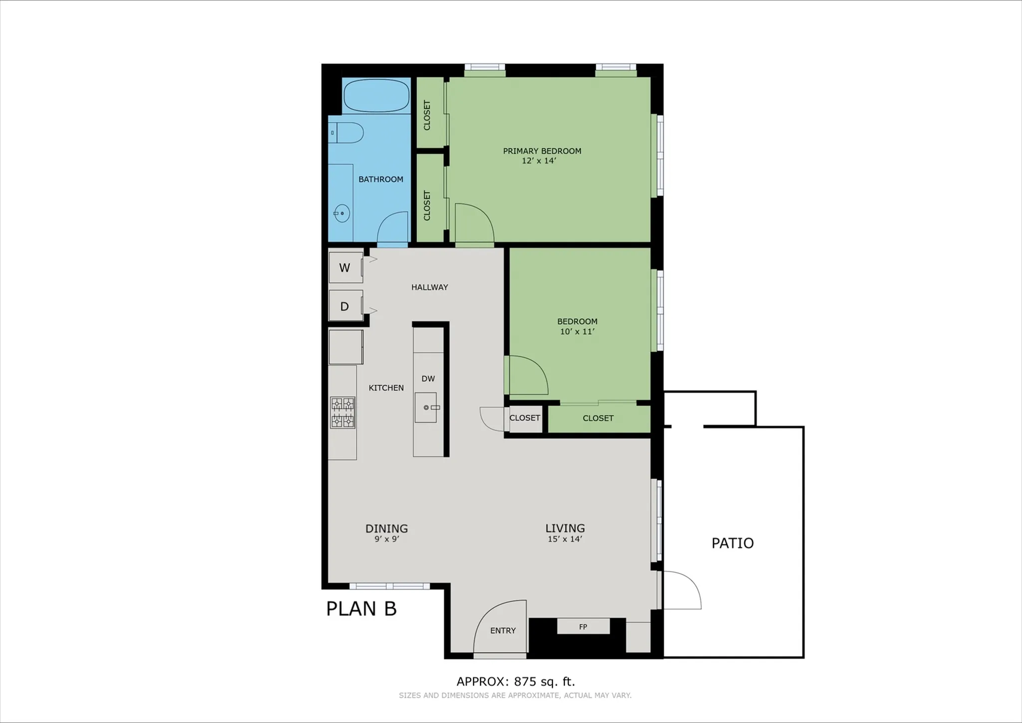 Contemporary floor plan of a 2-bedroom apartment featuring an open living area, kitchen, bathroom, and patio.