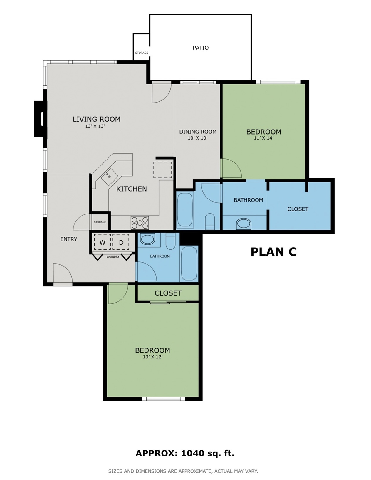 Contemporary floor plan featuring two bedrooms, a patio, and an open living area in 1040 sq ft.