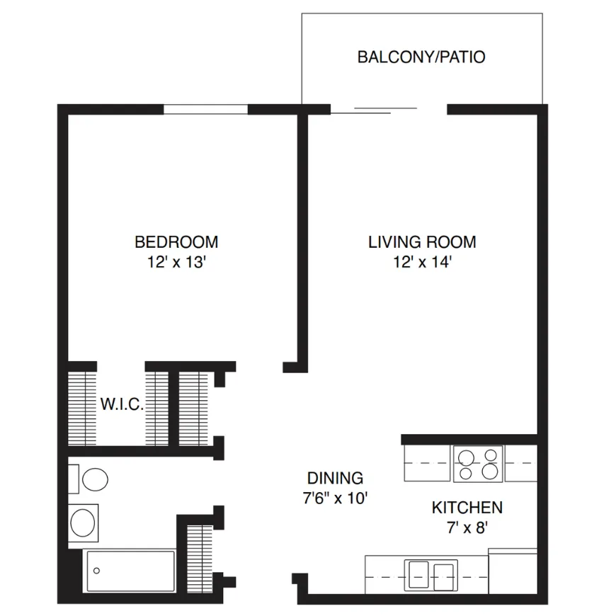 1 Bedroom, 1 Bathroom Floor Plan at Willow Hill Apartments in Justice IL
