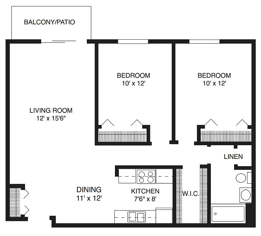 2 Bedroom, 1 Bathroom Floor Plan at Willow Hill Apartments in Justice IL