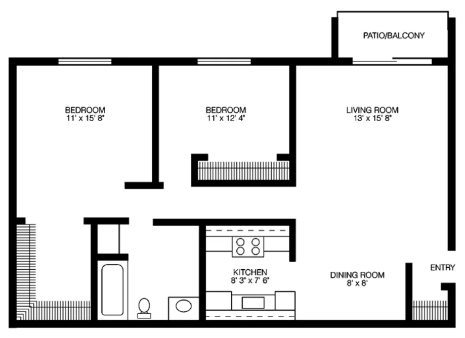 2 Bedroom, 1 Bathroom Floor Plan at Willow Hill Apartments in Justice IL