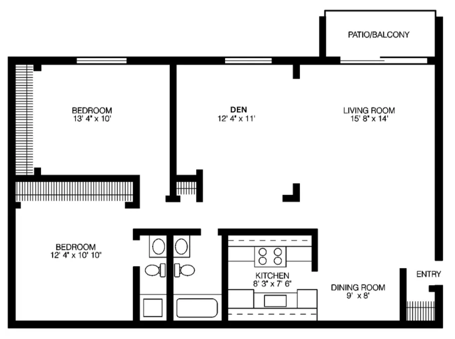 2 Bedroom, 2 Bathroom Floor Plan at Willow Hill Apartments in Justice IL