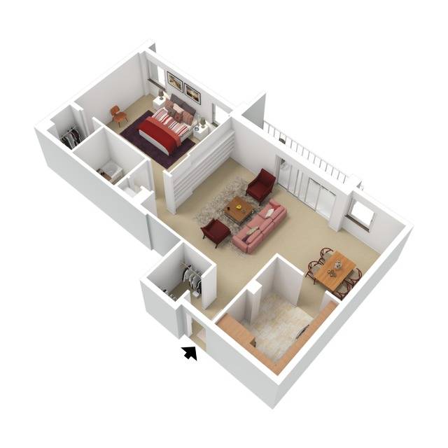 One Bedroom Corner Unit 3D w/furniture