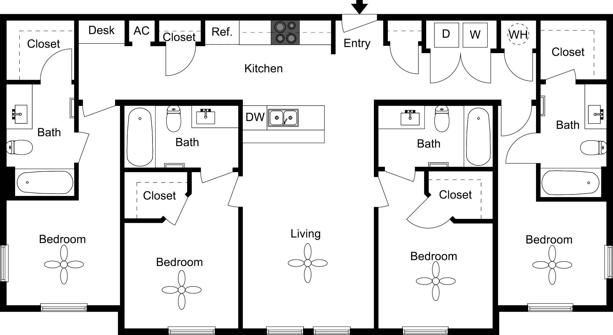 Spacious floor plan showcasing two bedrooms each with private bath and closets, expansive central living area, and a modern open kitchen, perfect for contemporary living.