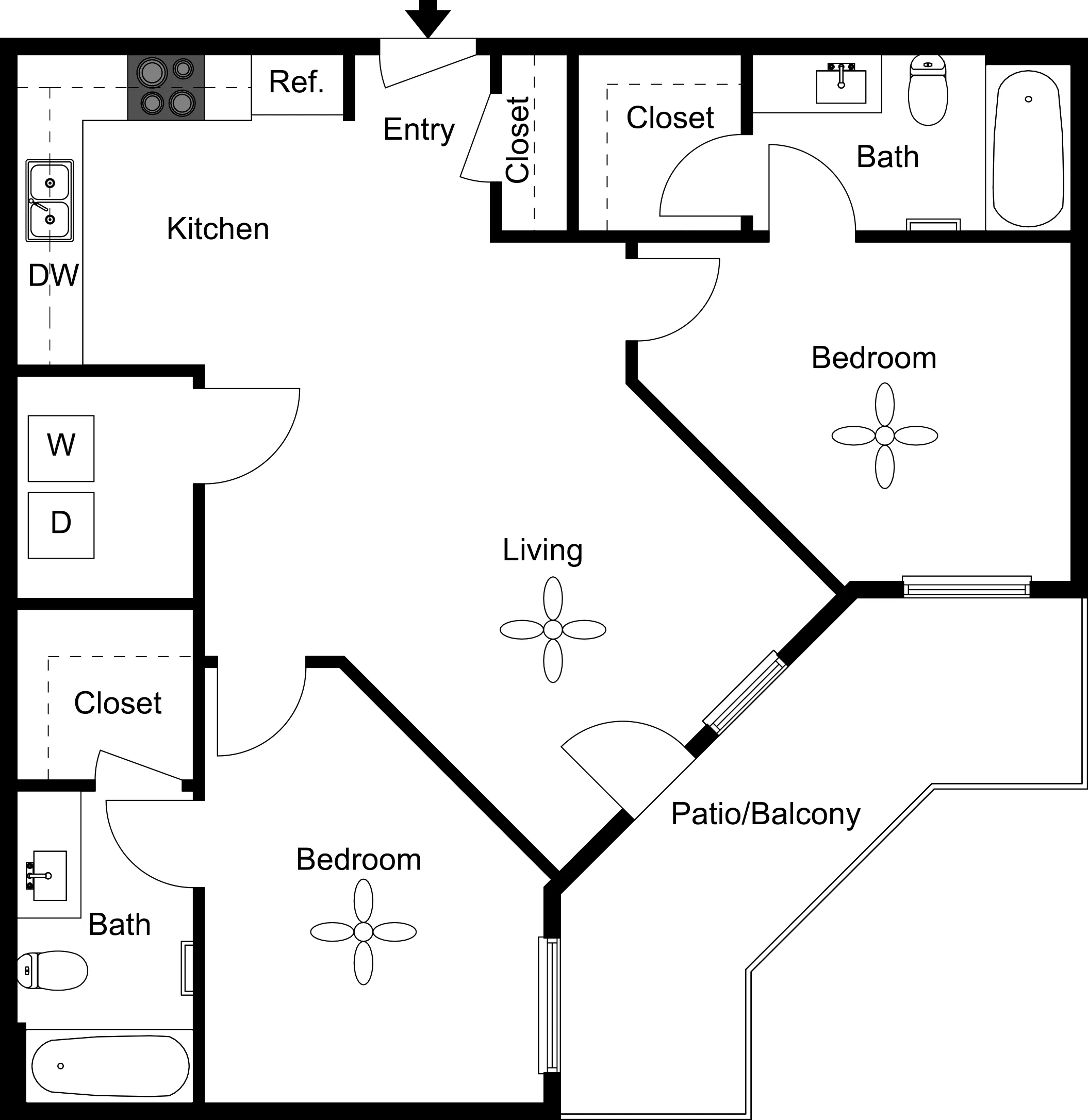 Elegant floor plan showcasing 2 bedrooms, spacious living area, modern kitchen, and a charming patio/balcony.