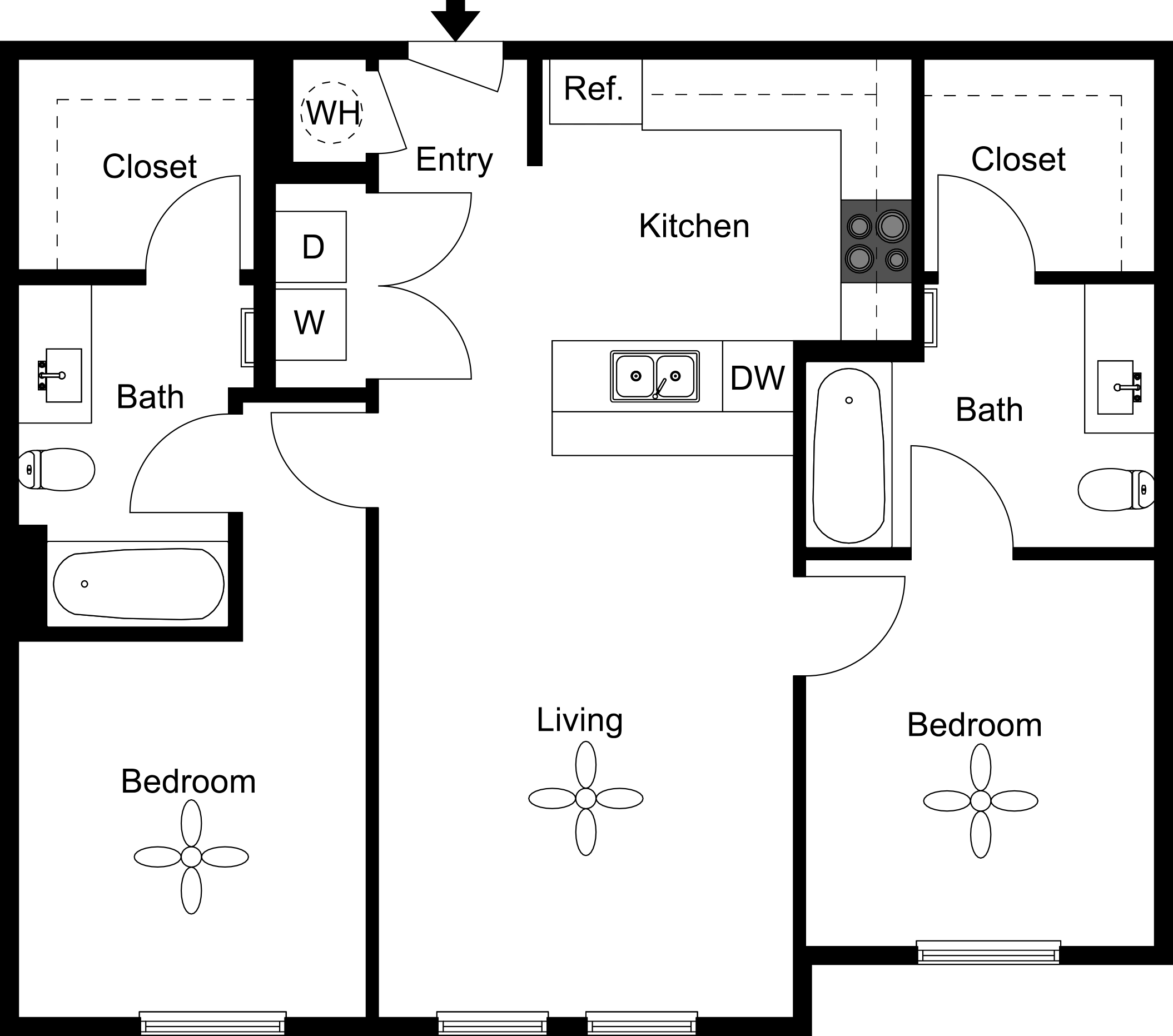 Sleek 2D floor plan showcasing 2 bedrooms, 2 bathrooms, open kitchen, and spacious living area, complete with ample storage.