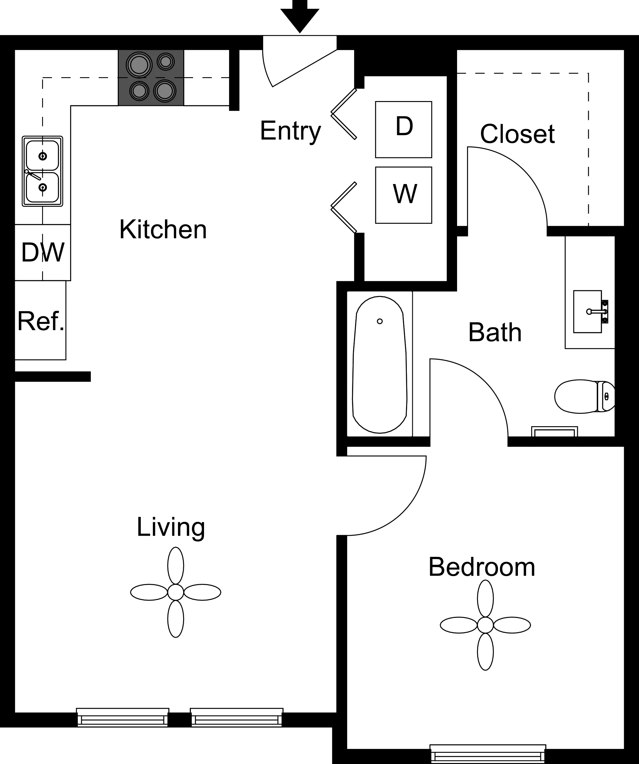 Modern floor plan featuring an open kitchen, spacious living area, cozy bedroom, and convenient bath with ample closet space.