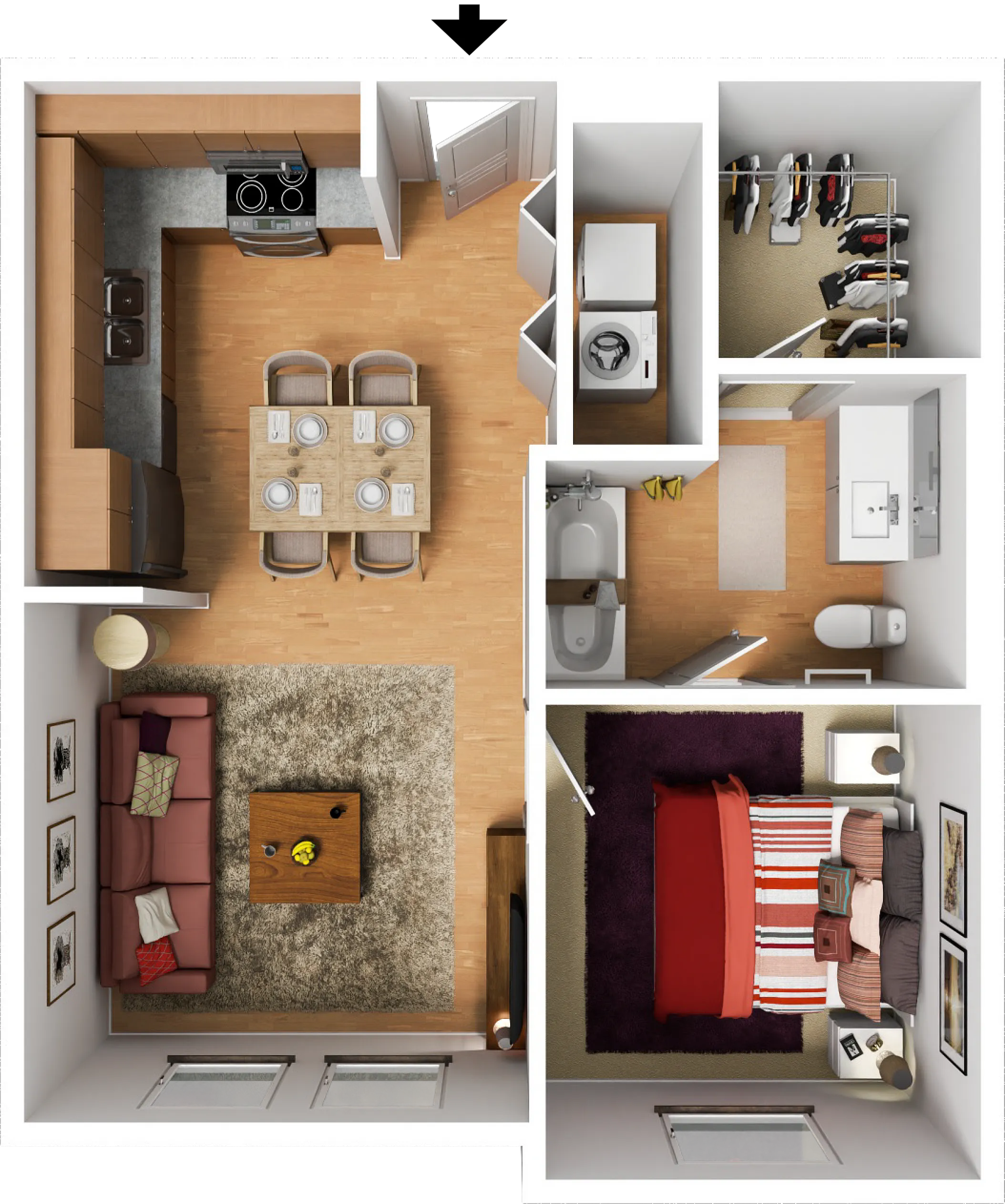 Modern 3D floor plan showcasing a cozy one-bedroom apartment with a stylish open kitchen, elegant living room, chic bathroom, and a walk-in closet.