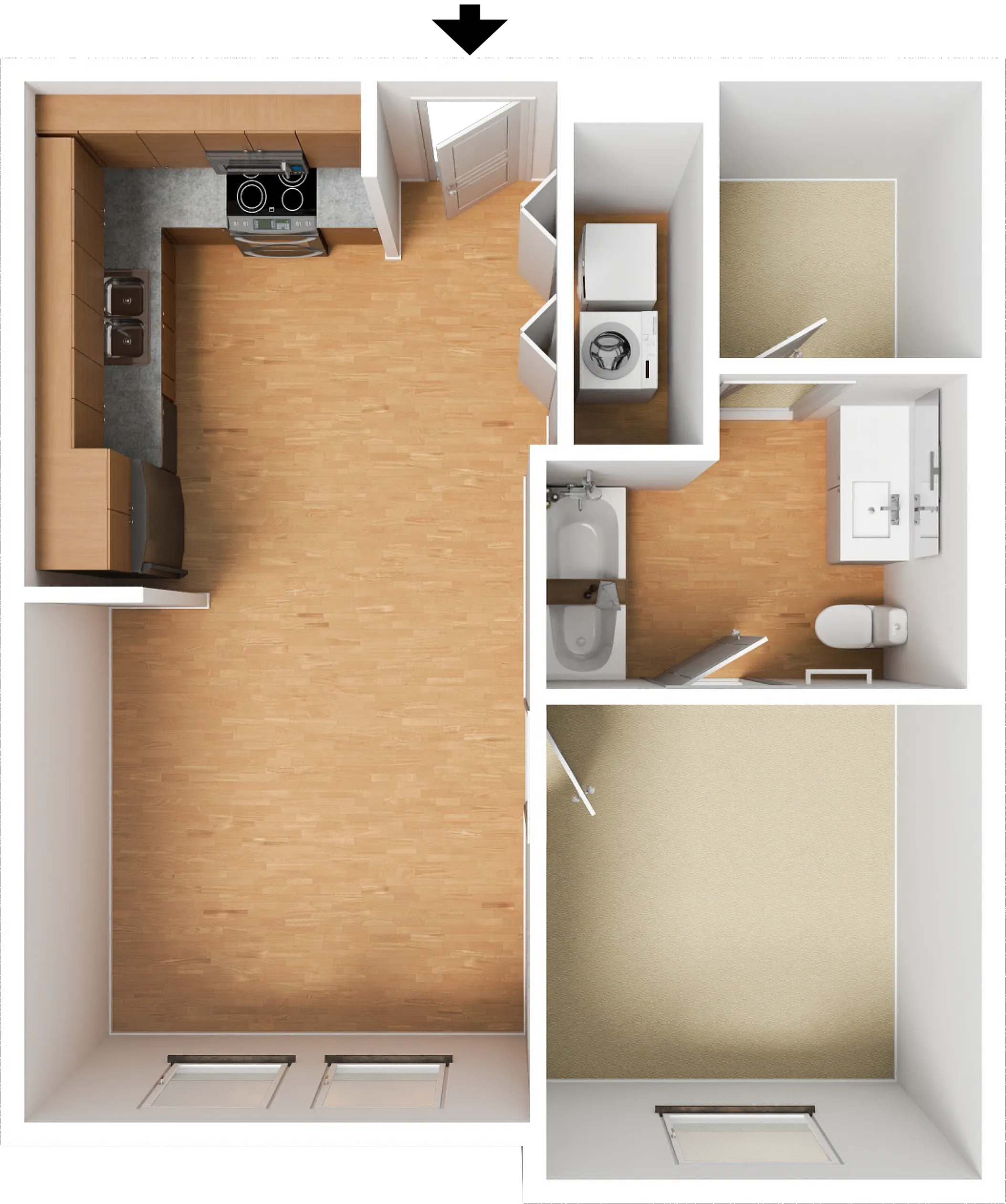 Modern studio apartment floor plan with spacious kitchen, laundry closet, bathroom, and cozy bedroom. Wood flooring throughout for a warm, inviting atmosphere.