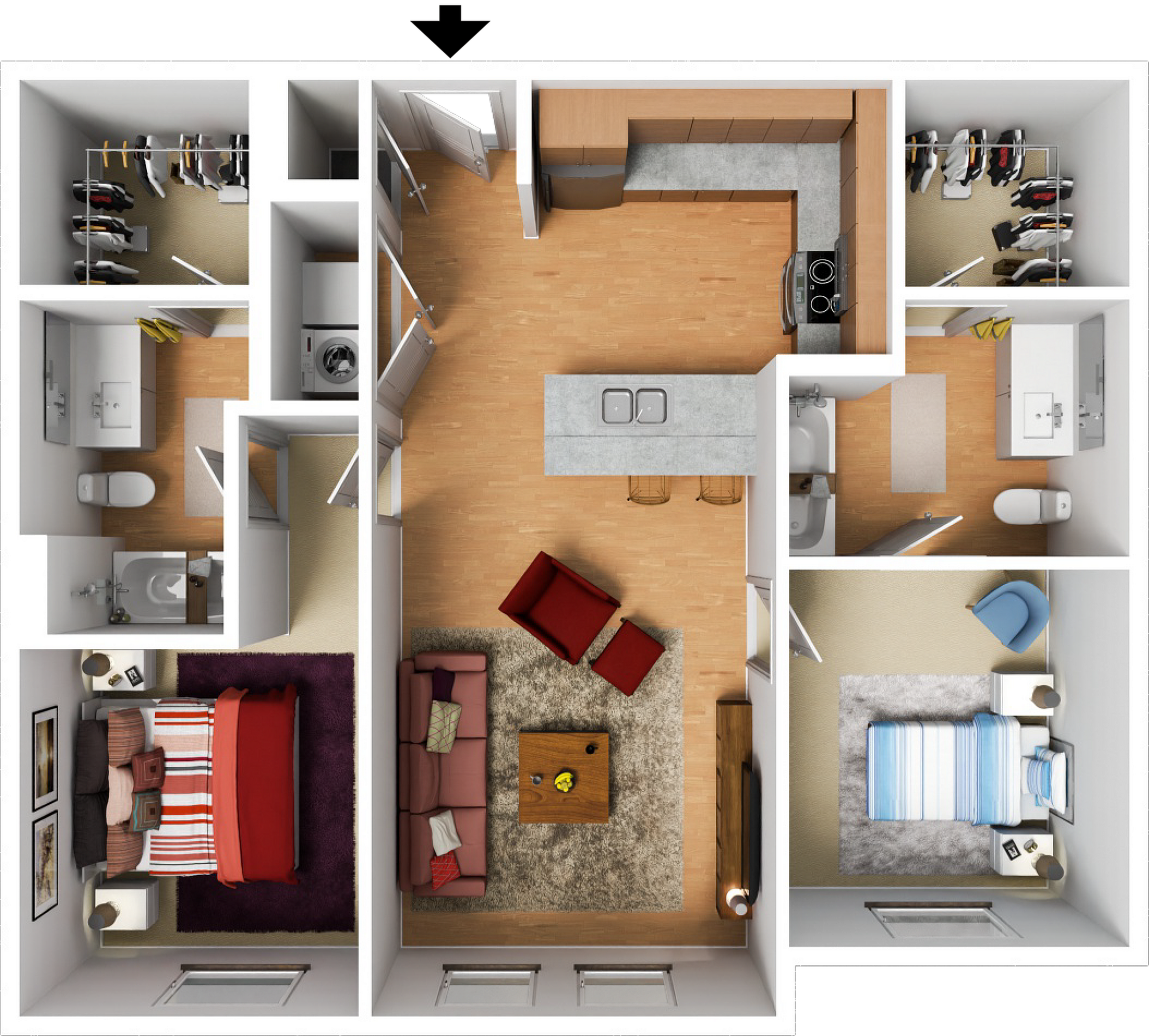 Modern 3D floor plan showcasing 2 bedrooms with plush carpets, an open living room with cozy seating, a sleek kitchen island, and 2 bathrooms with ample storage space. Ideal for contemporary urban living.