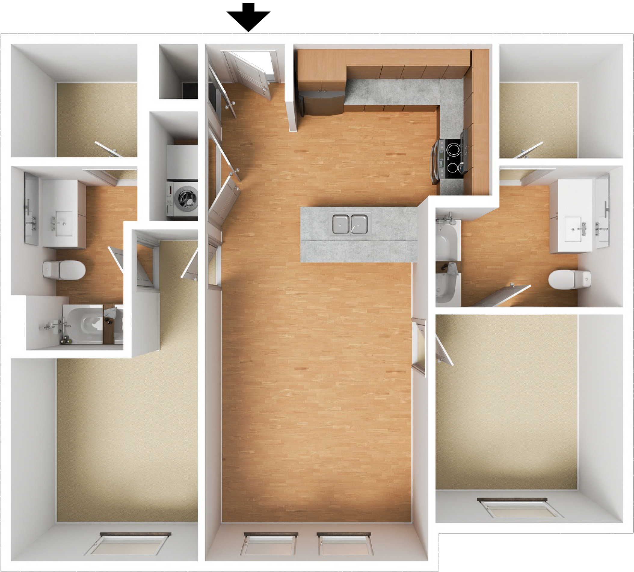 Modern apartment floor plan showcasing a spacious open kitchen, cozy living area, two bedrooms, and two bathrooms with elegant wood flooring.