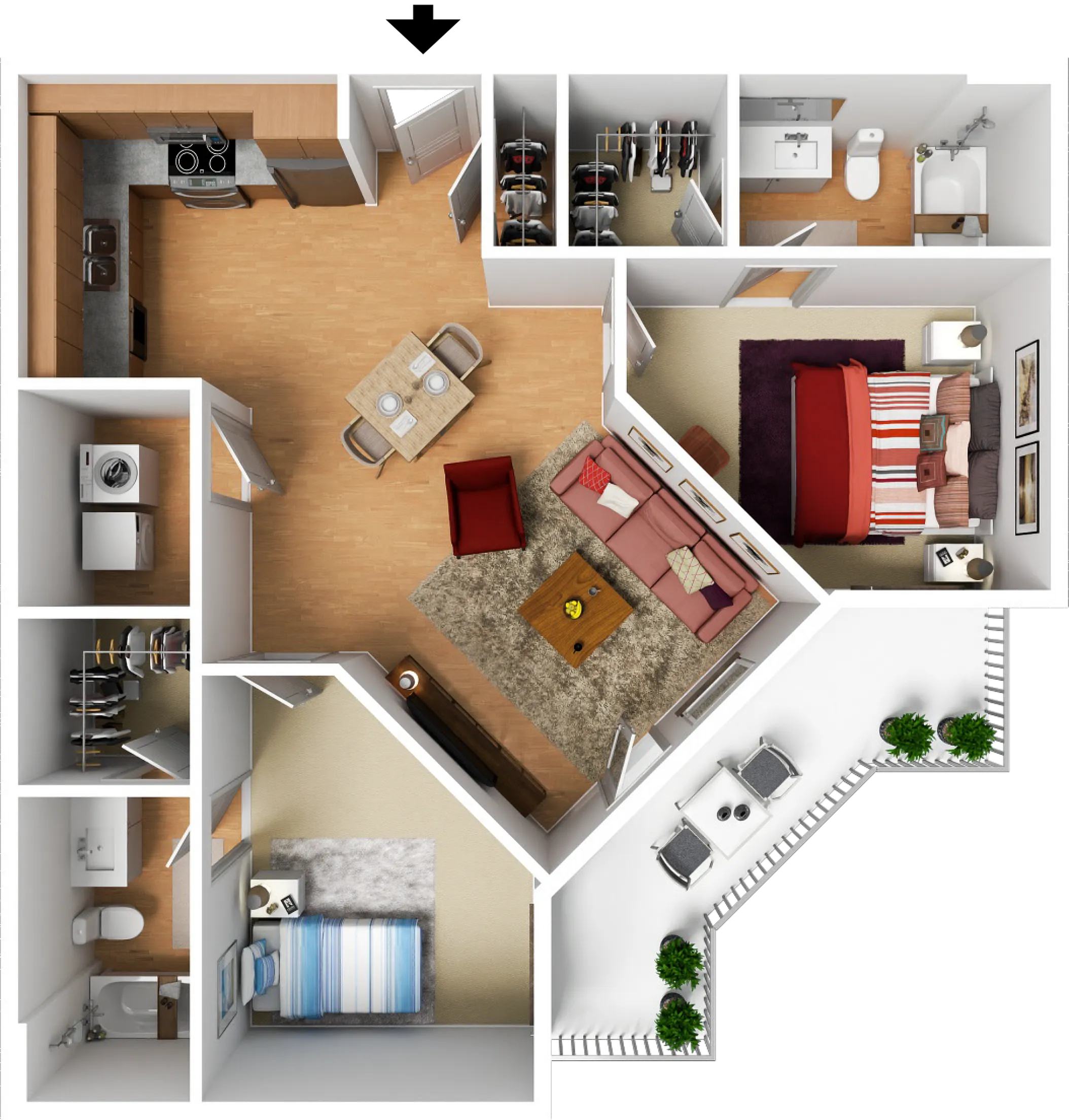 Charming floor plan featuring 2 bedrooms, cozy living room, modern kitchen, two bathrooms, and a welcoming balcony space.