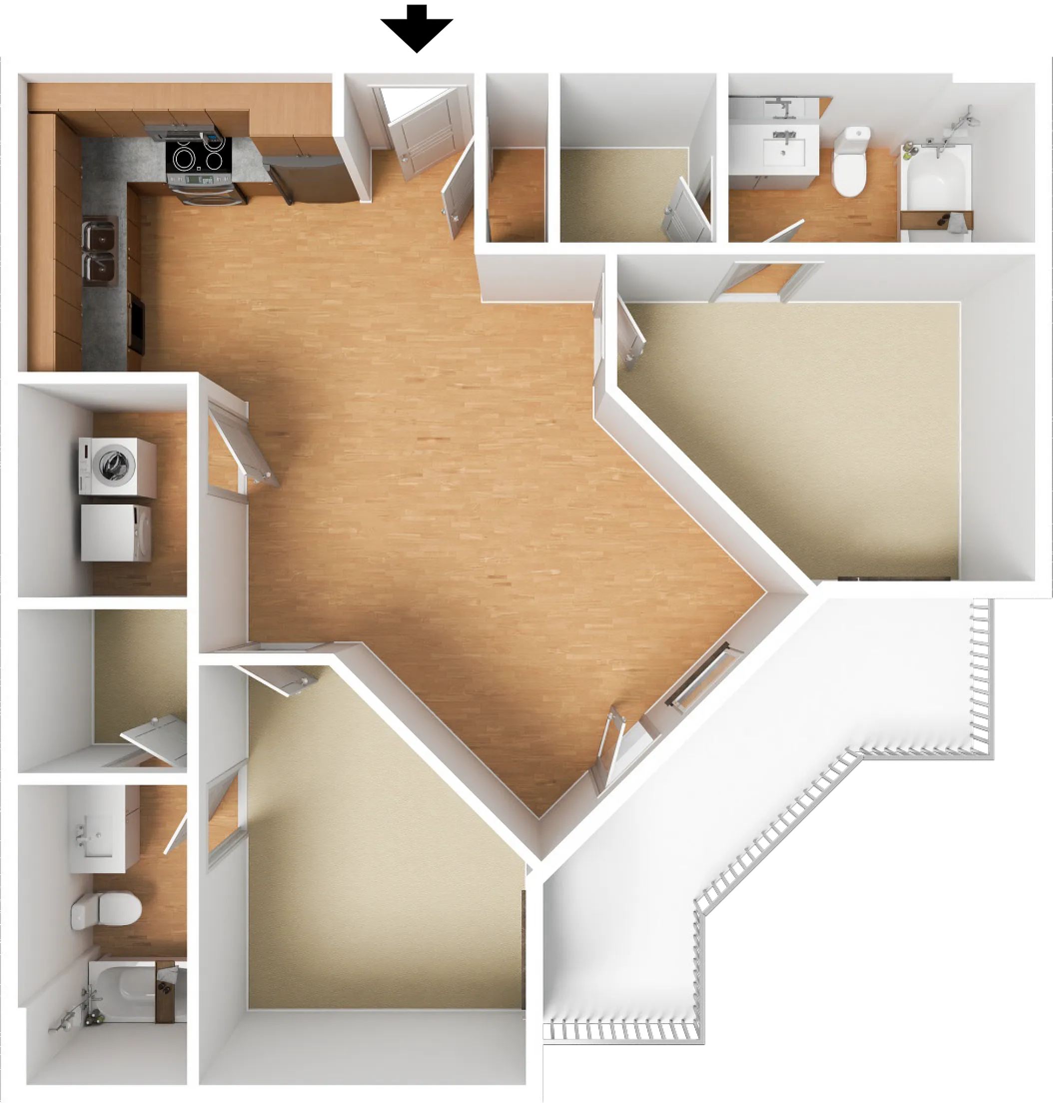 Modern 3D floor plan featuring a sleek open kitchen, two spacious bedrooms, and contemporary bathrooms, highlighted by warm wooden flooring.