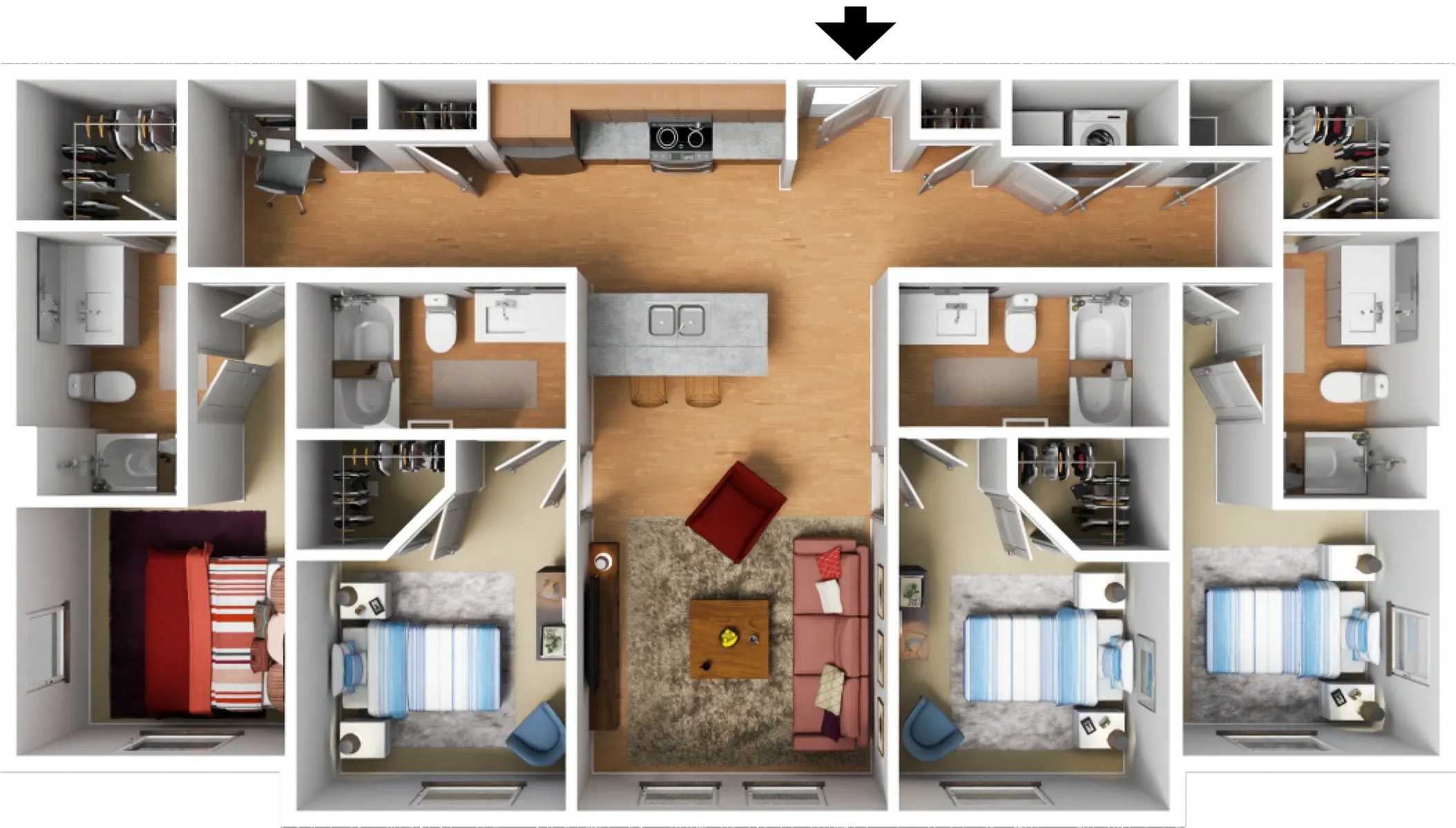 Charming 3D floor plan with 3 bedrooms, modern kitchen island, cozy living area, and multiple bathrooms, perfect for spacious living.